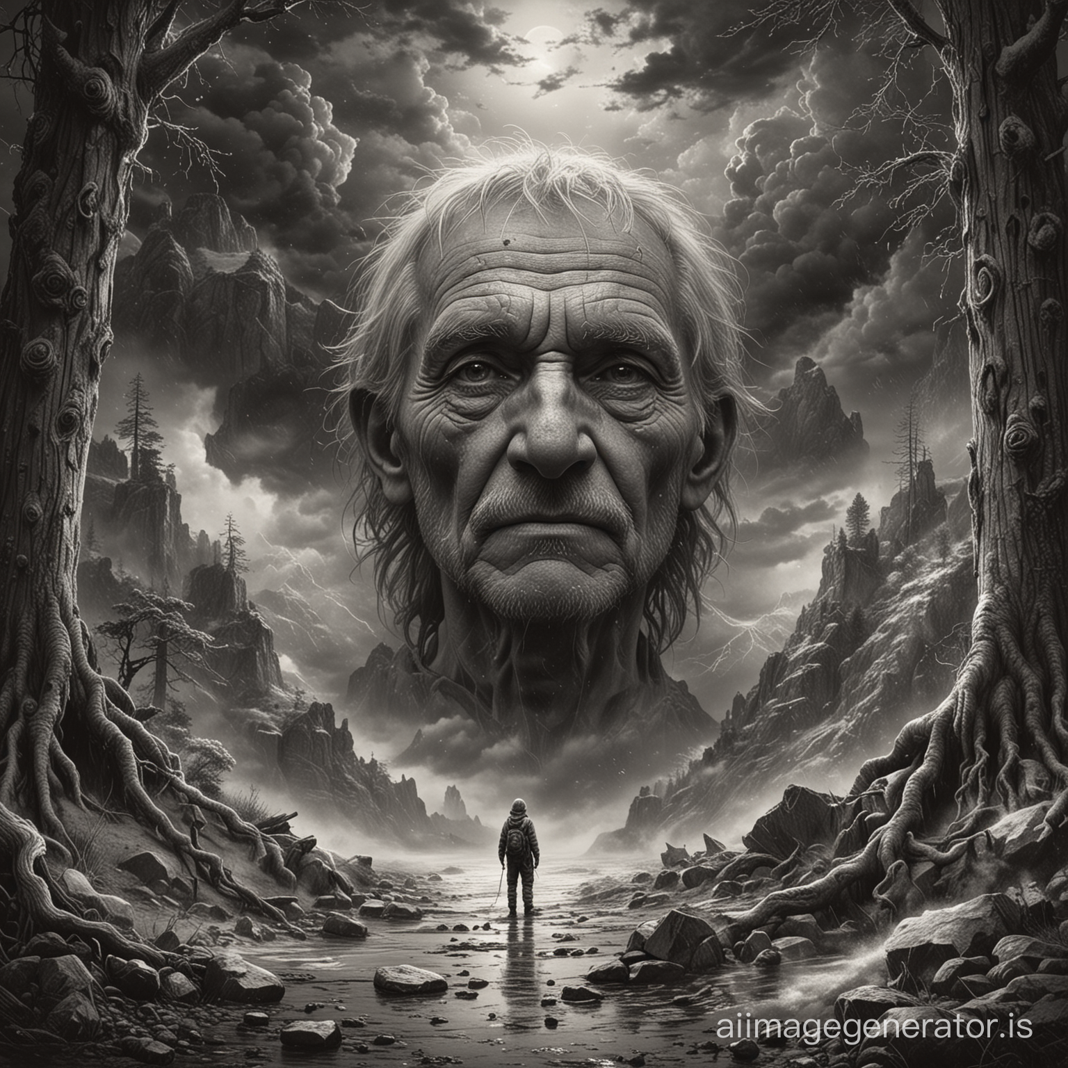 we will enter the earth to always be close to children so that they are not alone, halo stormy sky - the face of an boy and old man, ashen surrealism, grotesque, open space, rain snow and ash, mountain stormy river, cliff, high centuries-old pine trees, black white sepia palette, medieval engraving,insanely detailed and intricate,Hyper detailed