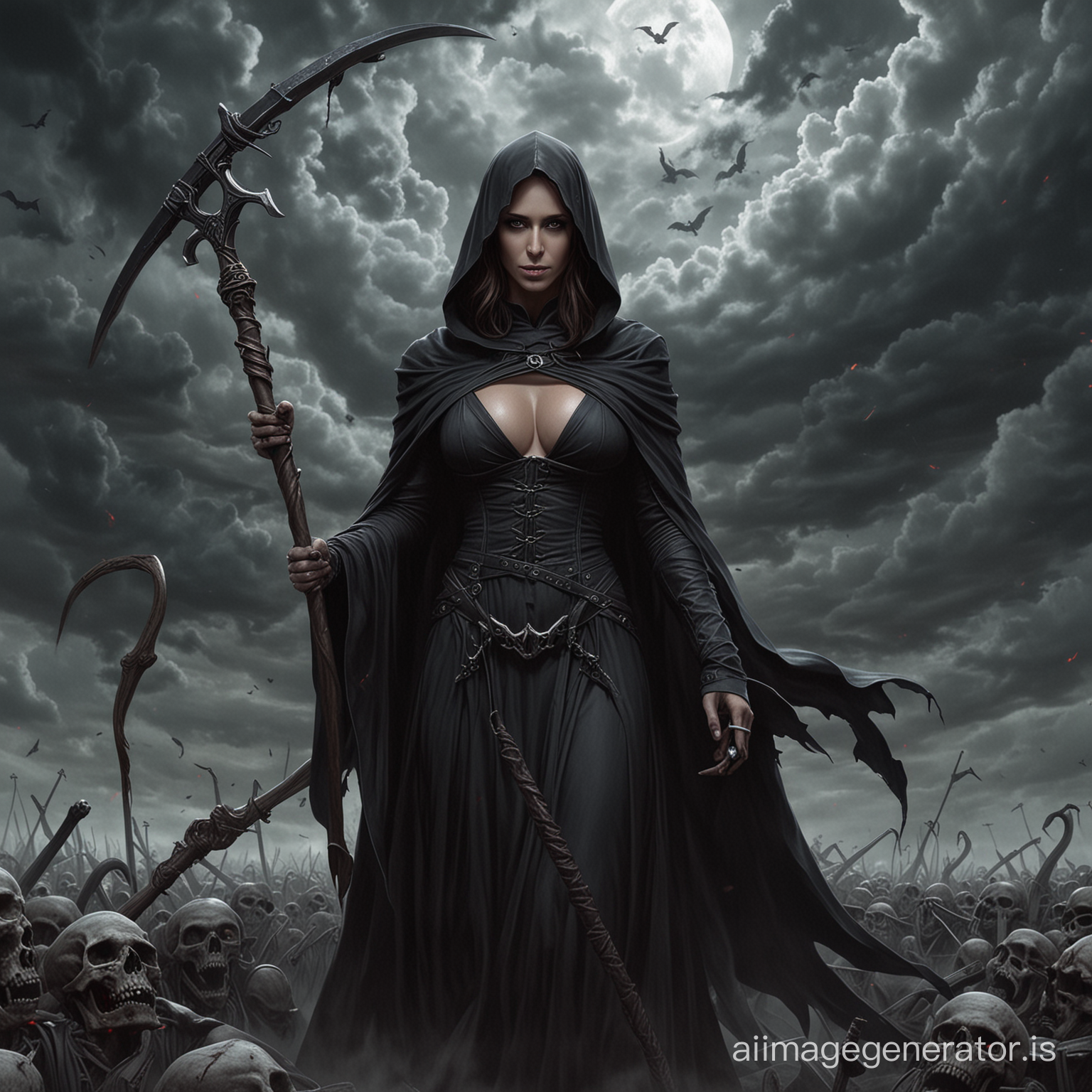 dnd style, Busty Jennifer Love Hewitt as the grim reaper, holding a reaper's scythe, floating in dark clouds above a mass of corpses
