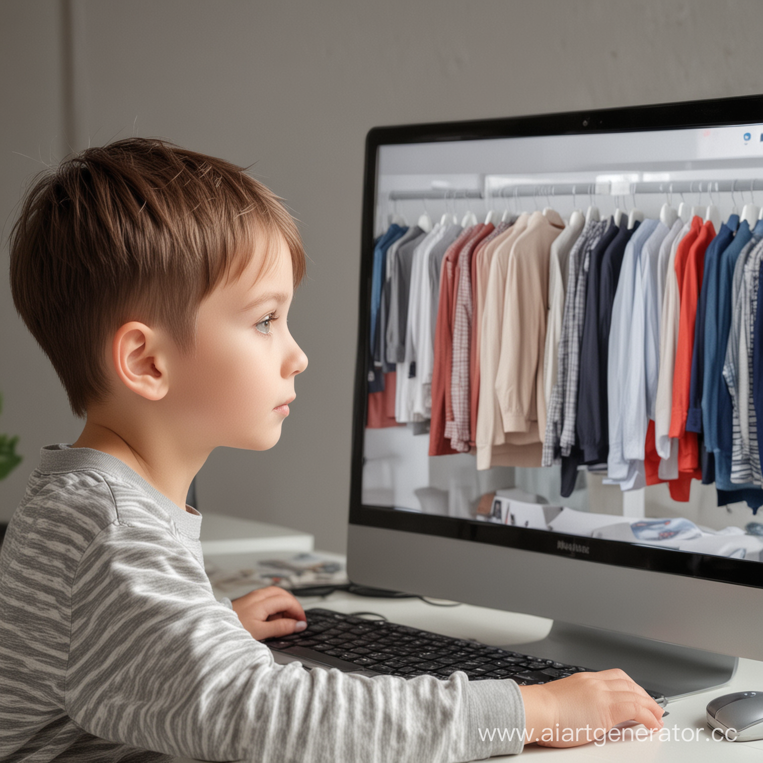 ребенок смотрит на рекламу одежды на компьютере, мальчик, он заинтересован