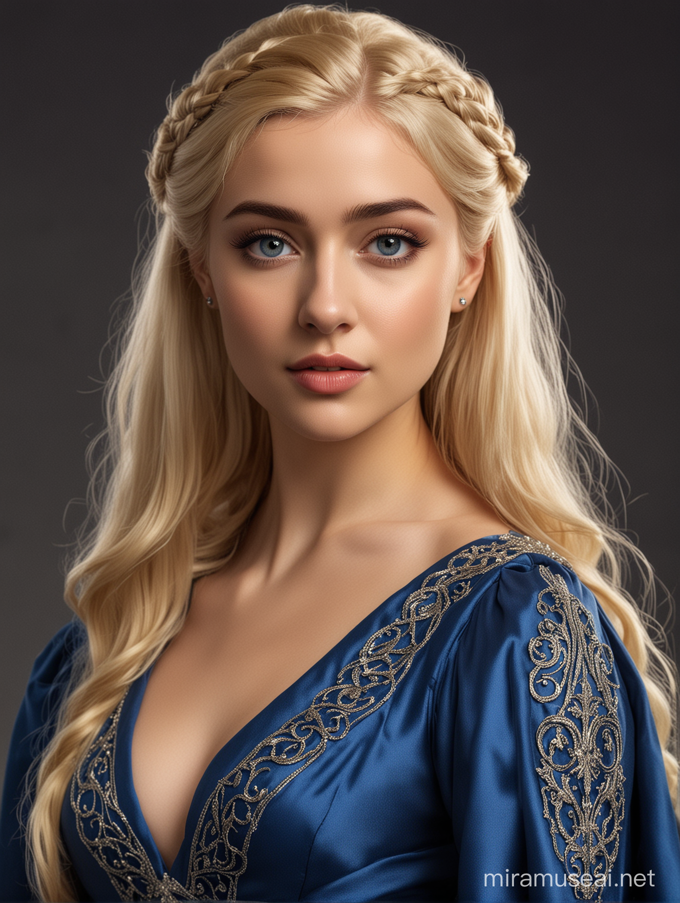 22 yo valyrian female,valyrian style blonde hair,valyrian style blue gown