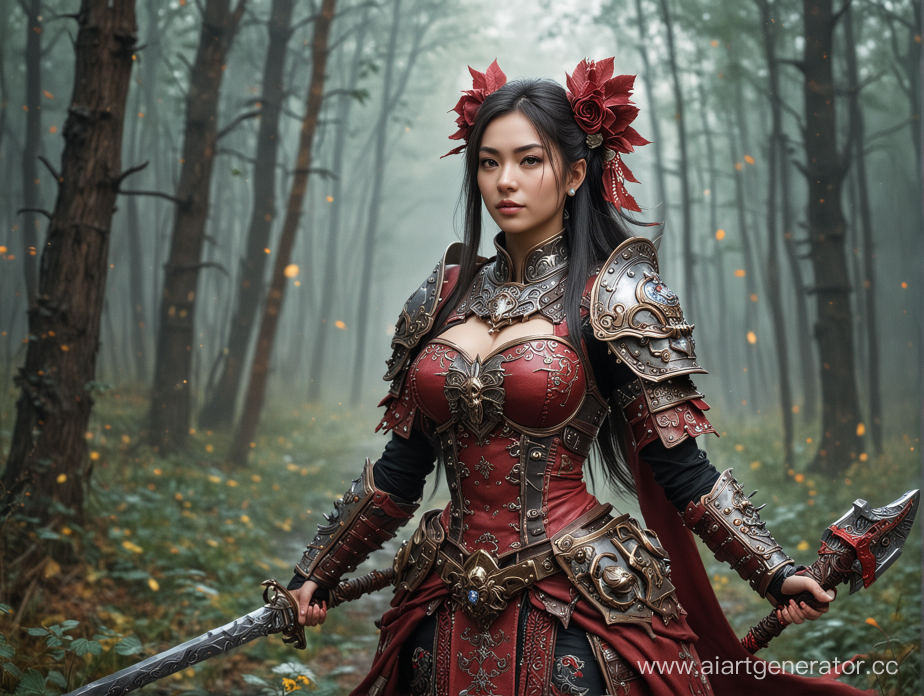 Женщина Miao Ying  25 лет. Warhammer Fantasy Battle. Одета в стальные розовые блестящие доспехи. Пышная юбка по щиколотку и кринолин.
Стальные пластины по бокам  верхней юбки.
Туфли на шпильке и колготки. Стоит Коне на пылающем поле боя под розовый закат. art
Юбка с пышным кринолином и стальными кольцами.
Край юбки прошит узкой стальной нитью и оборкой 
Под юбкой кринолин. В руках держит булаву.