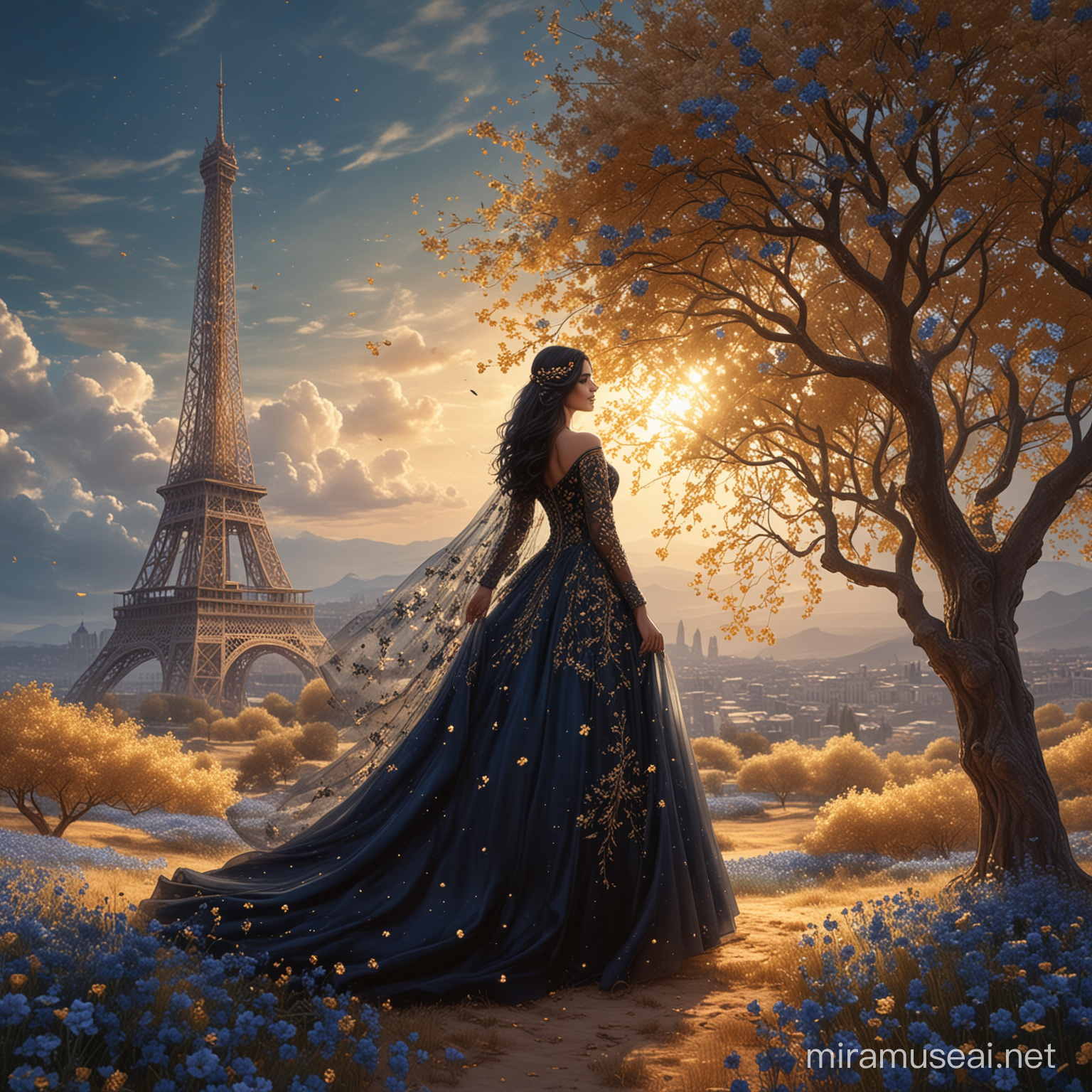 A beautiful woman, standing up under a big floral tree, in a dreamy land, hiding her face with an elegant fan,  surrounded by golden dust and small dark blue flowers. Long wavy black hair. Elegant long black dress,embroidering bridal veil, haute couture. Background sky with golden light. Background golden tower effel. 8k, fantasy, illustration, digital art, illustration art, fantasy art, fantasy styl