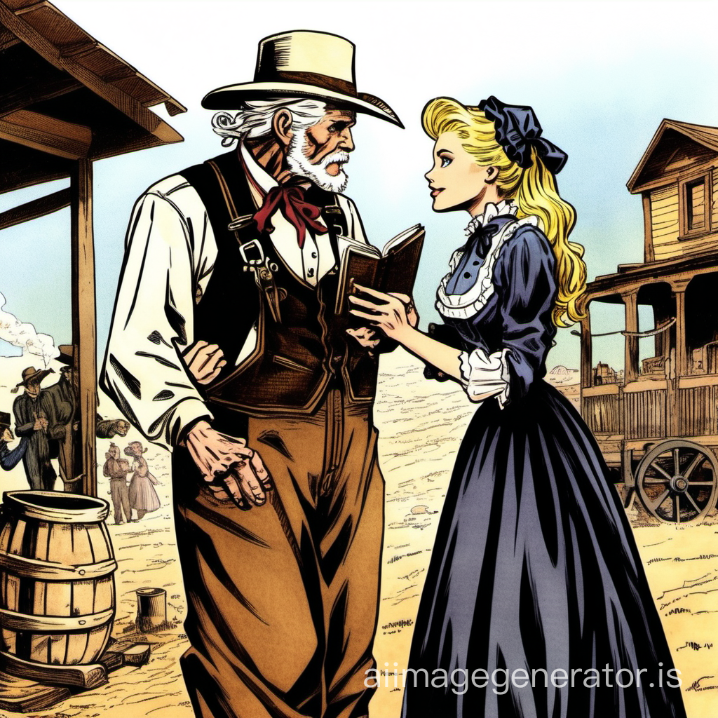 Susan Storm from the FF4 dressed as an old west farmer's wife wearing a brown floor-length loose billowing old west poofy modest dress with a long apron and a frilly bonnet kissing an old farmer dressed into a black suit who seems to be her newlywed husband