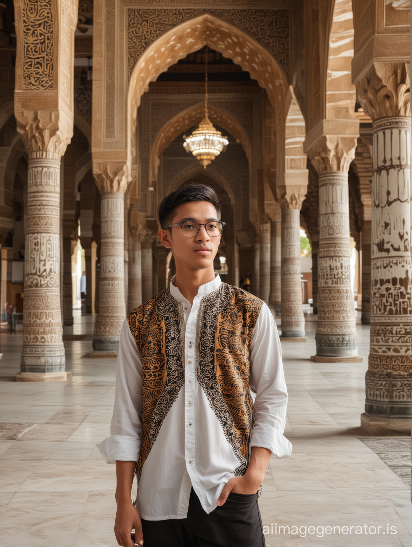 The Indonesian young man, wearing arabian style shirt, glasses, eye level, full body, facing to camera, mosque, tiger beside him