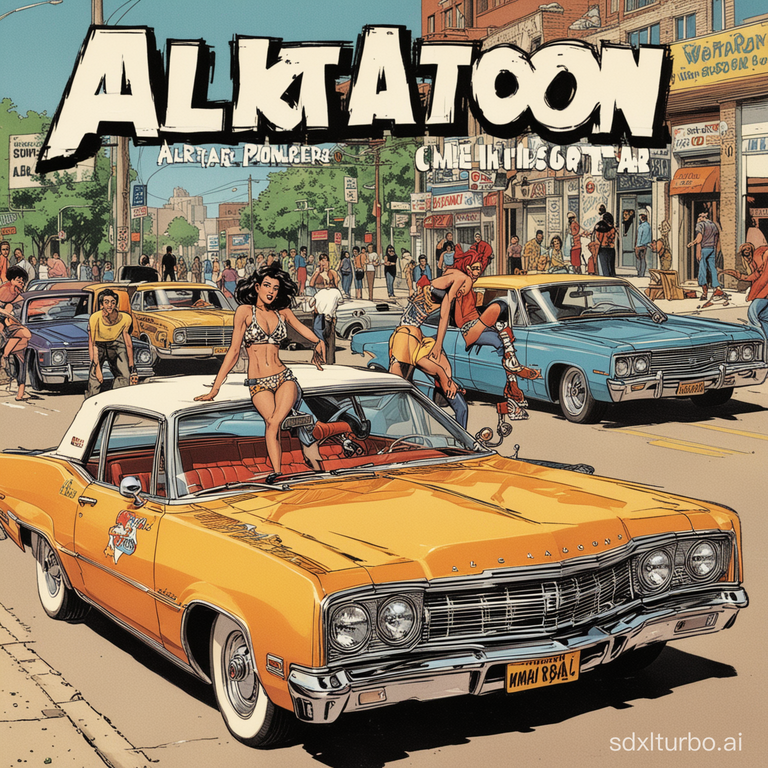 a vintage comic book cover with the title text: "Alkatoon" low rider car  <lora:wizards_vintage_comics-Undergroundf16:0.6>    <lora:MarijuanaXL_lora_v5:1>