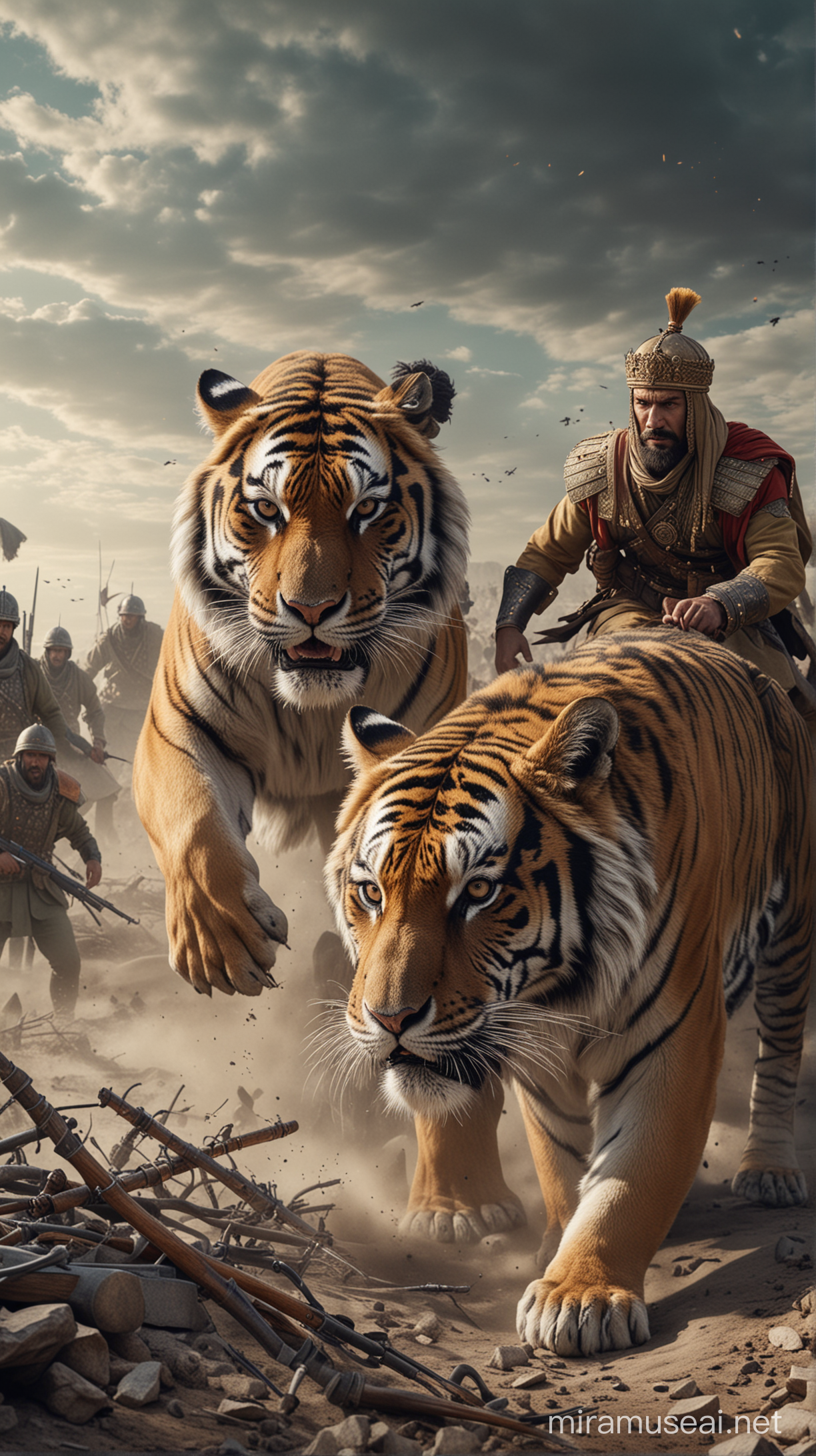 realistic photo visual of The  war of a Siberian tiger with a Persian king on the battlefield ,cinematic