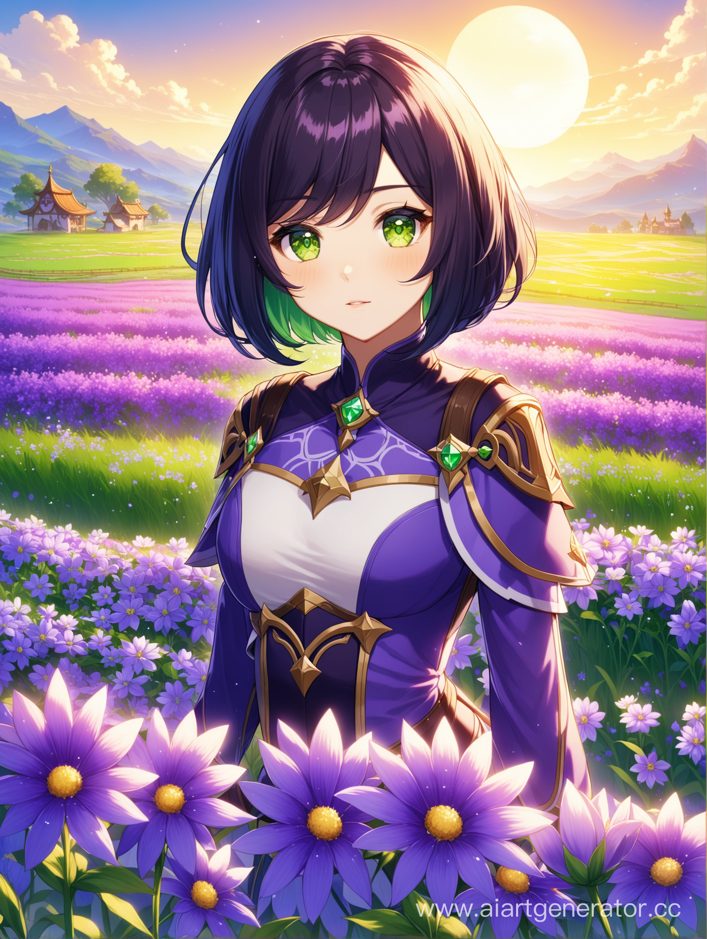 purple genshin, green eyes, dark hair bob-wig,flowers, field