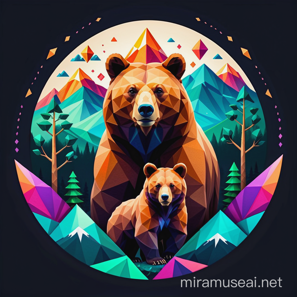geometric and polygonal strong mama bear and cub with mountains and nature logo 
