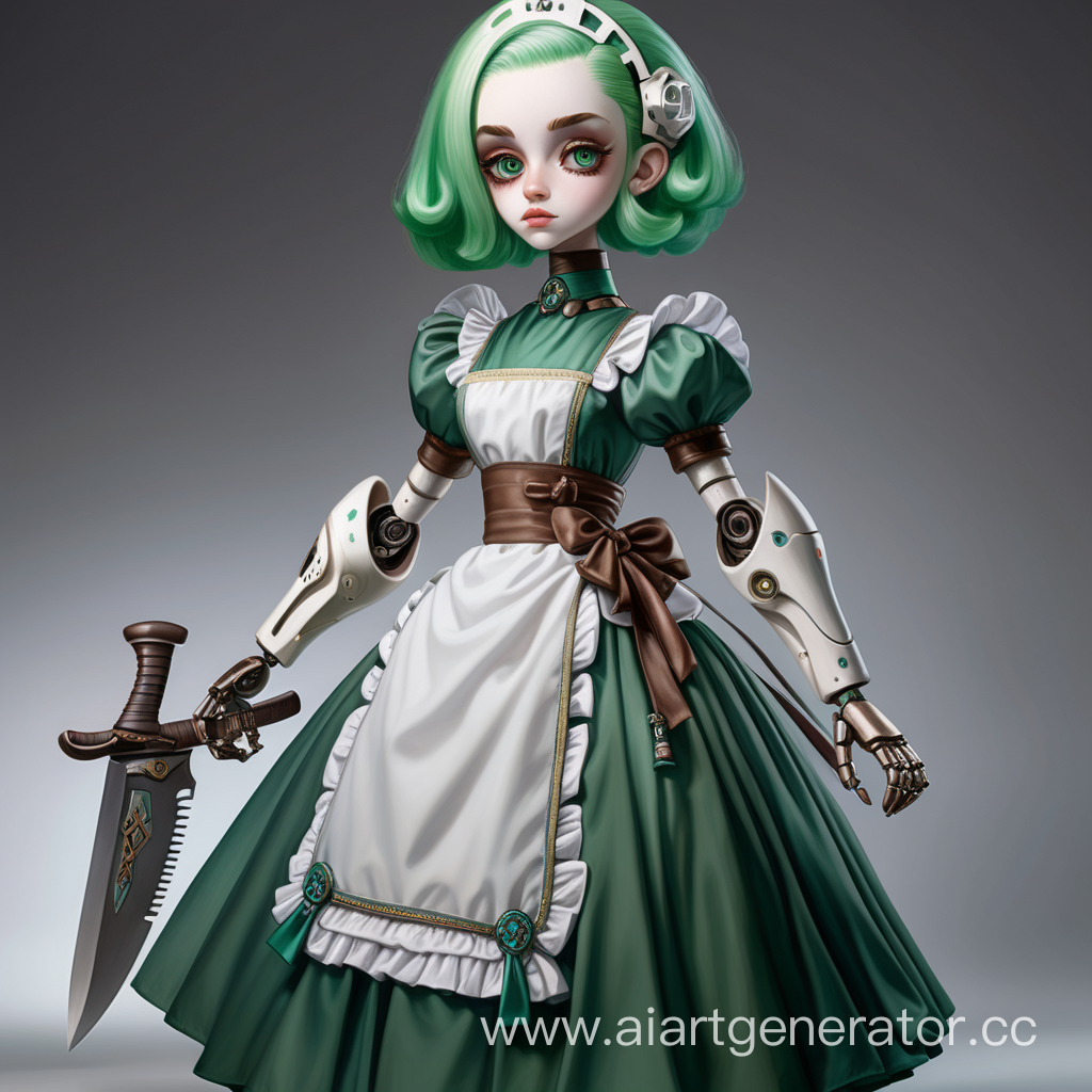 D&d персонаж кукла робот антропоморфная шарниры горничная бледная кожа зелёные волосы большие глаза пышное платье коричнивое с белыми эллементами нож в ладони арт стиль реализм в динамике