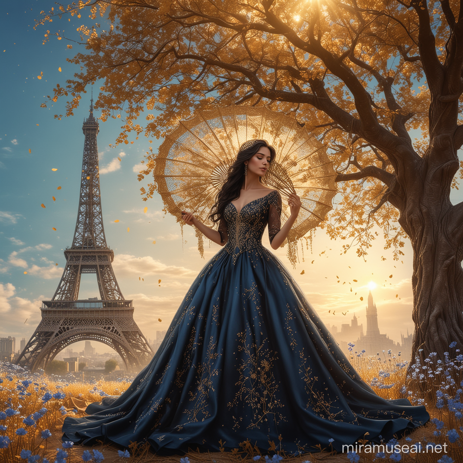 A beautiful woman, standing up under a big floral tree, in a dreamy land, hiding her face with an elegant fan, surrounded by golden dust and small dark blue flowers. Long wavy black hair. Elegant long black dress,embroidering bridal veil, haute couture. Background sky with golden light. Background golden tower effel. 8k, fantasy, illustration, digital art, illustration art, fantasy art, fantasy styl