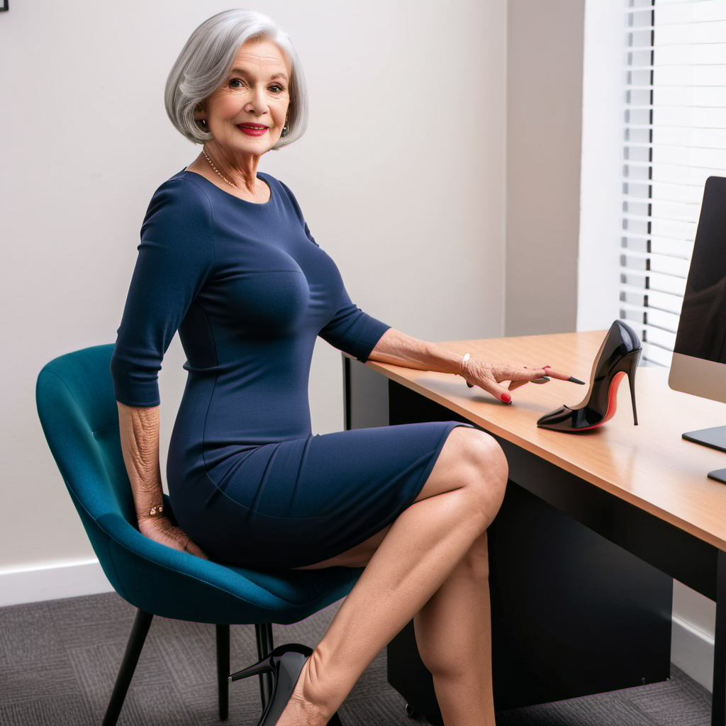 Elegant Mature Woman in Navy Dress at Office