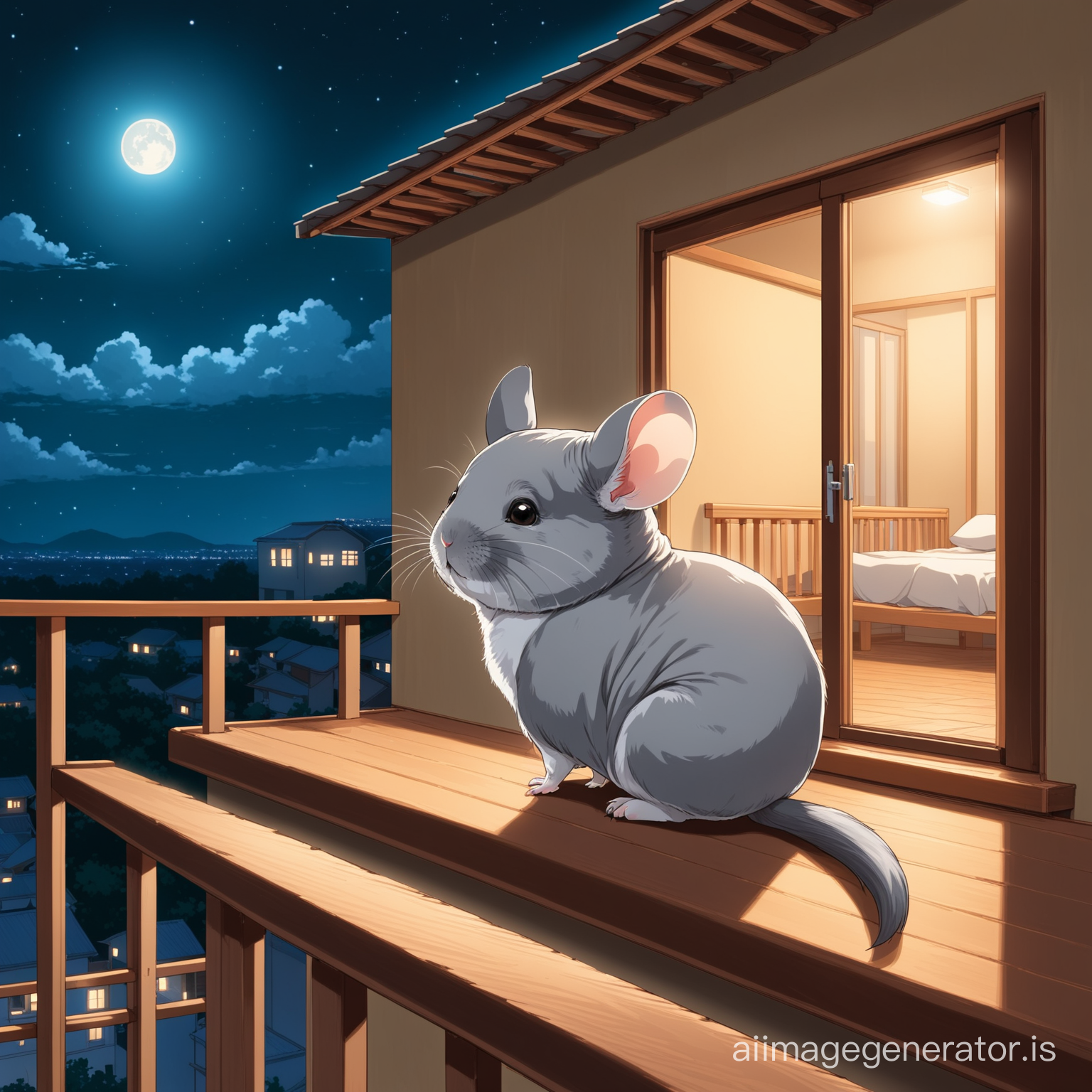 Молодая шиншилла ночью сидит  на балконе смотрит на строительство дома