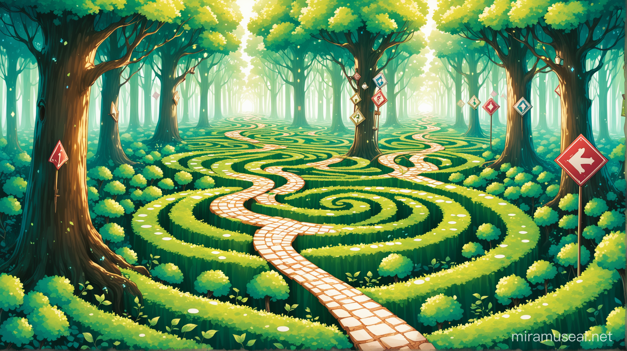 Enchanting Alice in Wonderland Forest with Winding Paths and Signposts