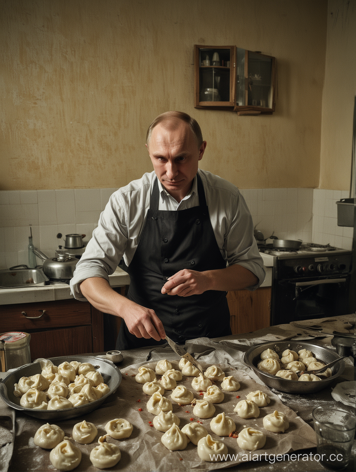 Noir, soviet kitchen, Putin cooking pelmeni, depressive atmosphere, soviet photocamera, colored 