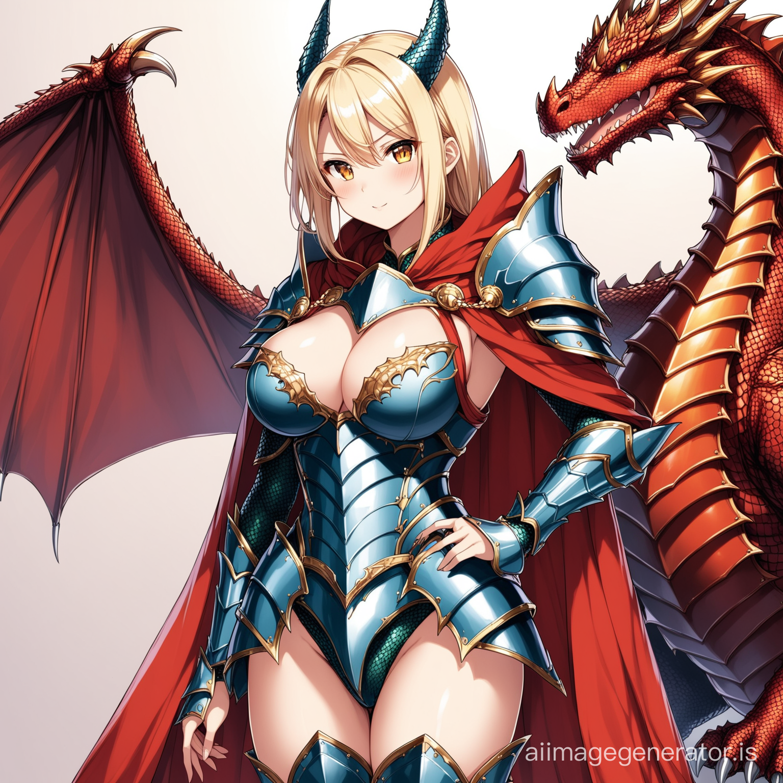 hot anime girl in dragon armour costume wearing a cape, breasts