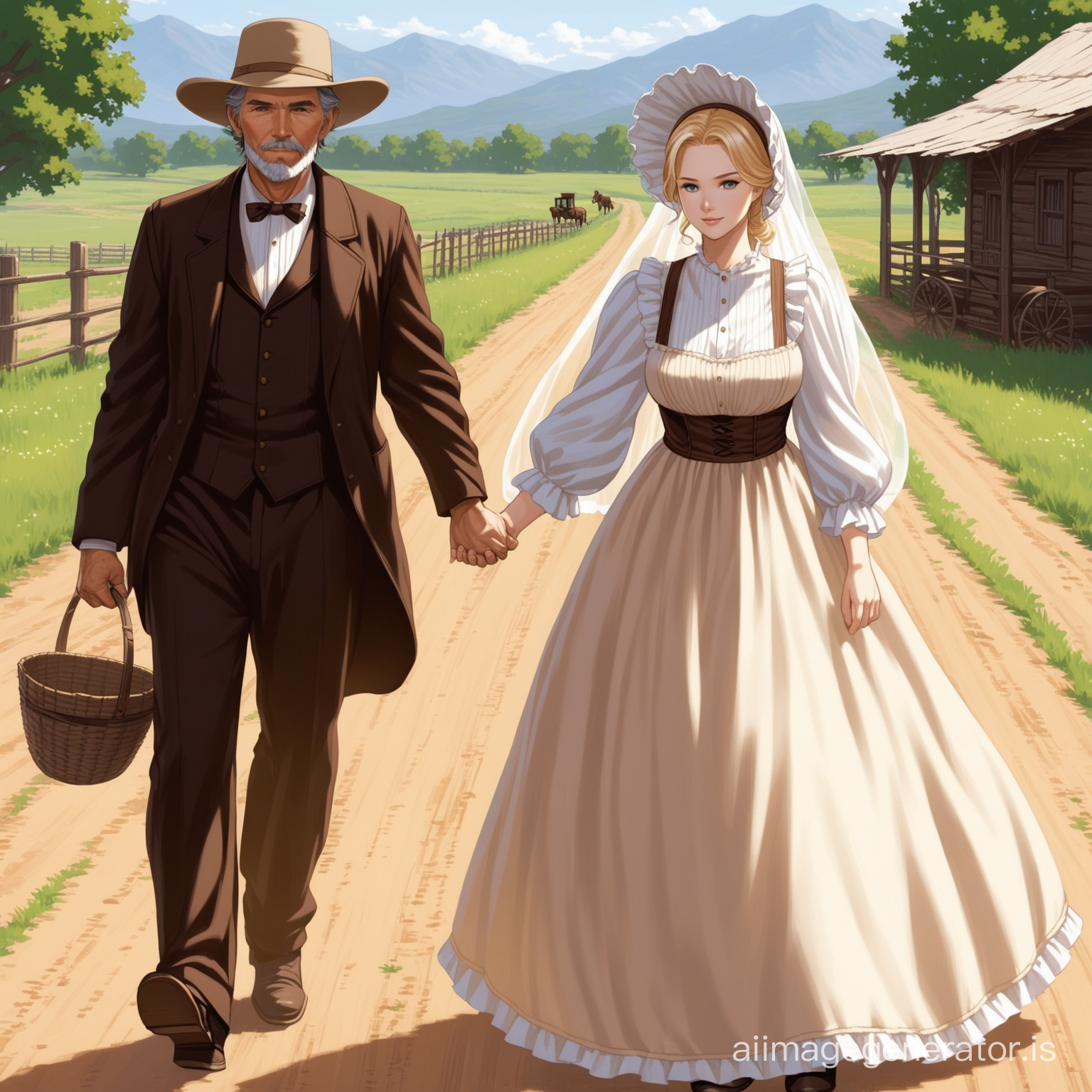 Susan Storm from the FF4 dressed as an old west farmer's wife wearing a brown floor-length loose billowing old west poofy modest dress with a long apron and a frilly bonnet hand in hand with an old farmer dressed into a black suit who seems to be her newlywed husband