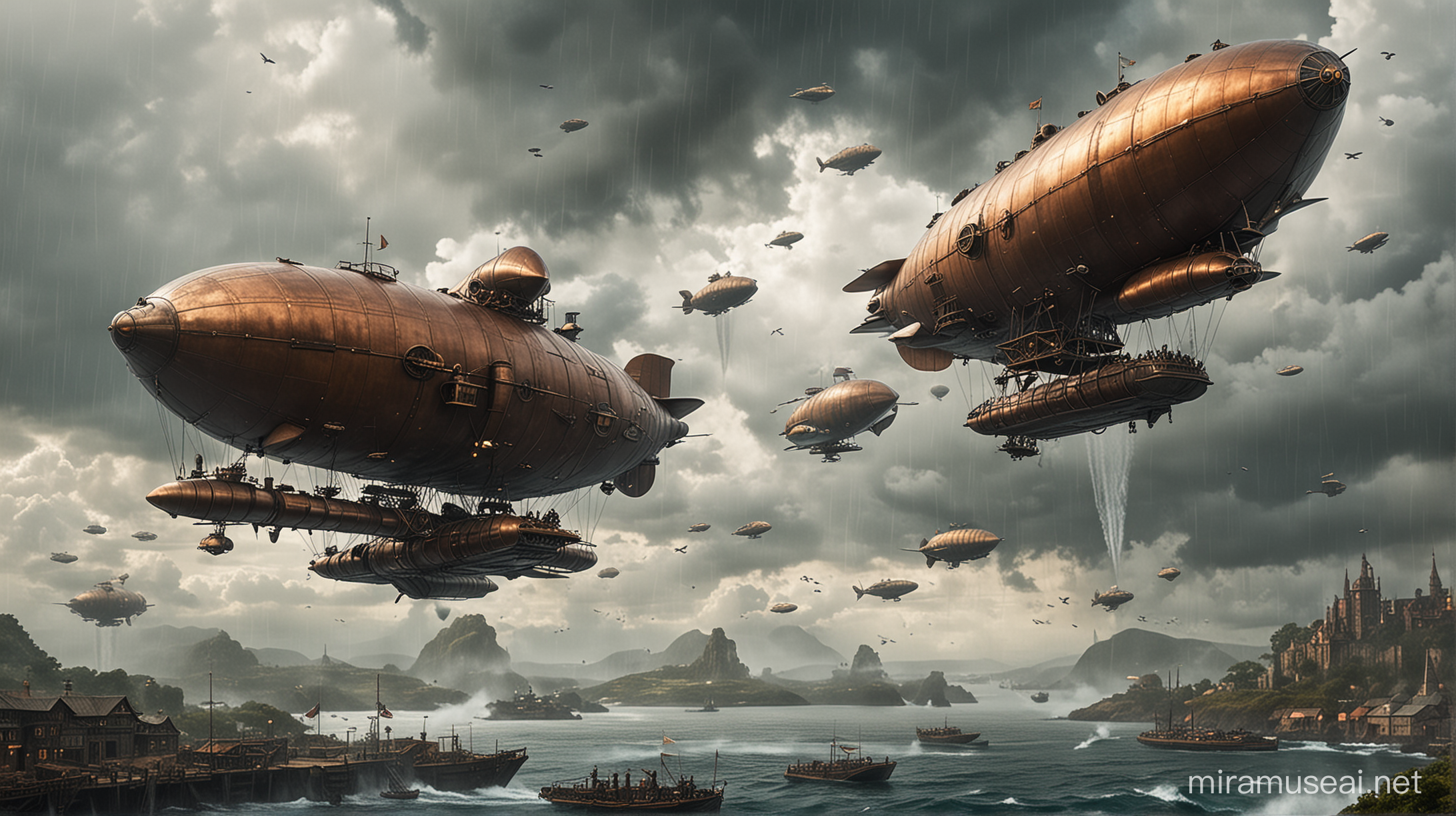 the fleet of steampunk battle Zeppelins flies over the group of islands with steampunk towns. The Zeppelins are made of copper, brass and glass. the Zeppelins have large guns. Steam and smoke. Rainy and cloudy.