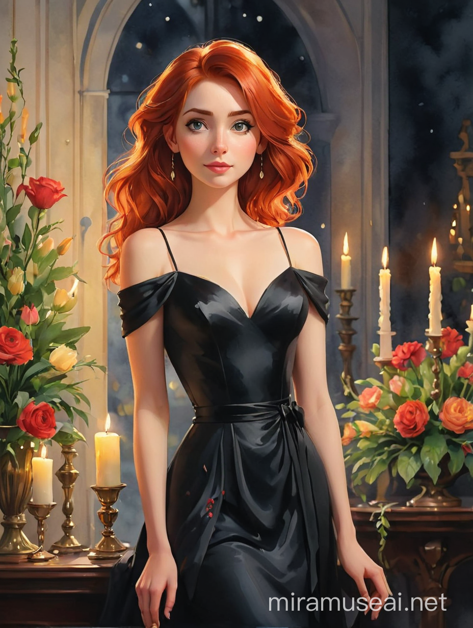 Elegant RedHaired Woman in Black Evening Dress with Flowers and Candle in Watercolor Interior