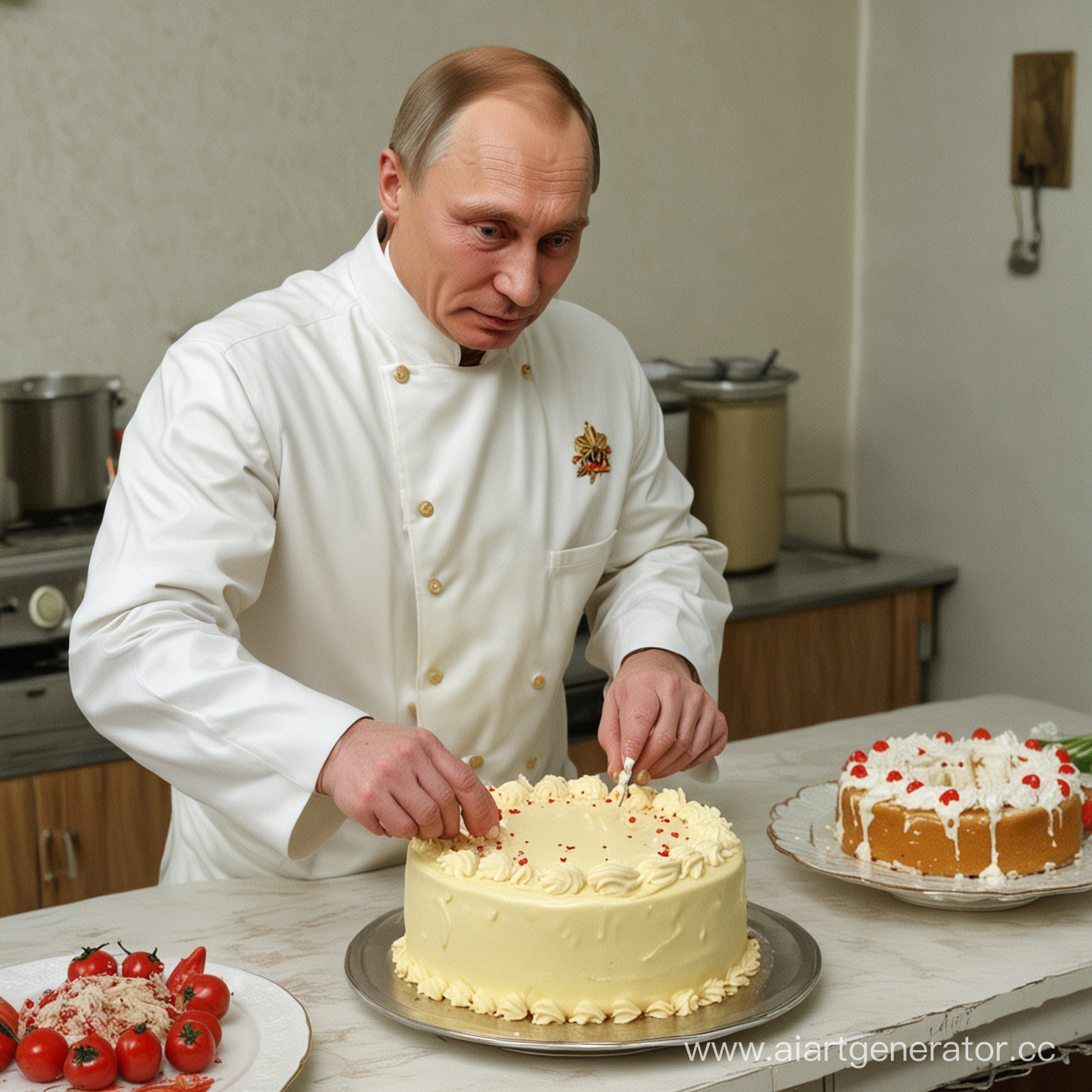 Putin prepares a cake in a Soviet kitchen