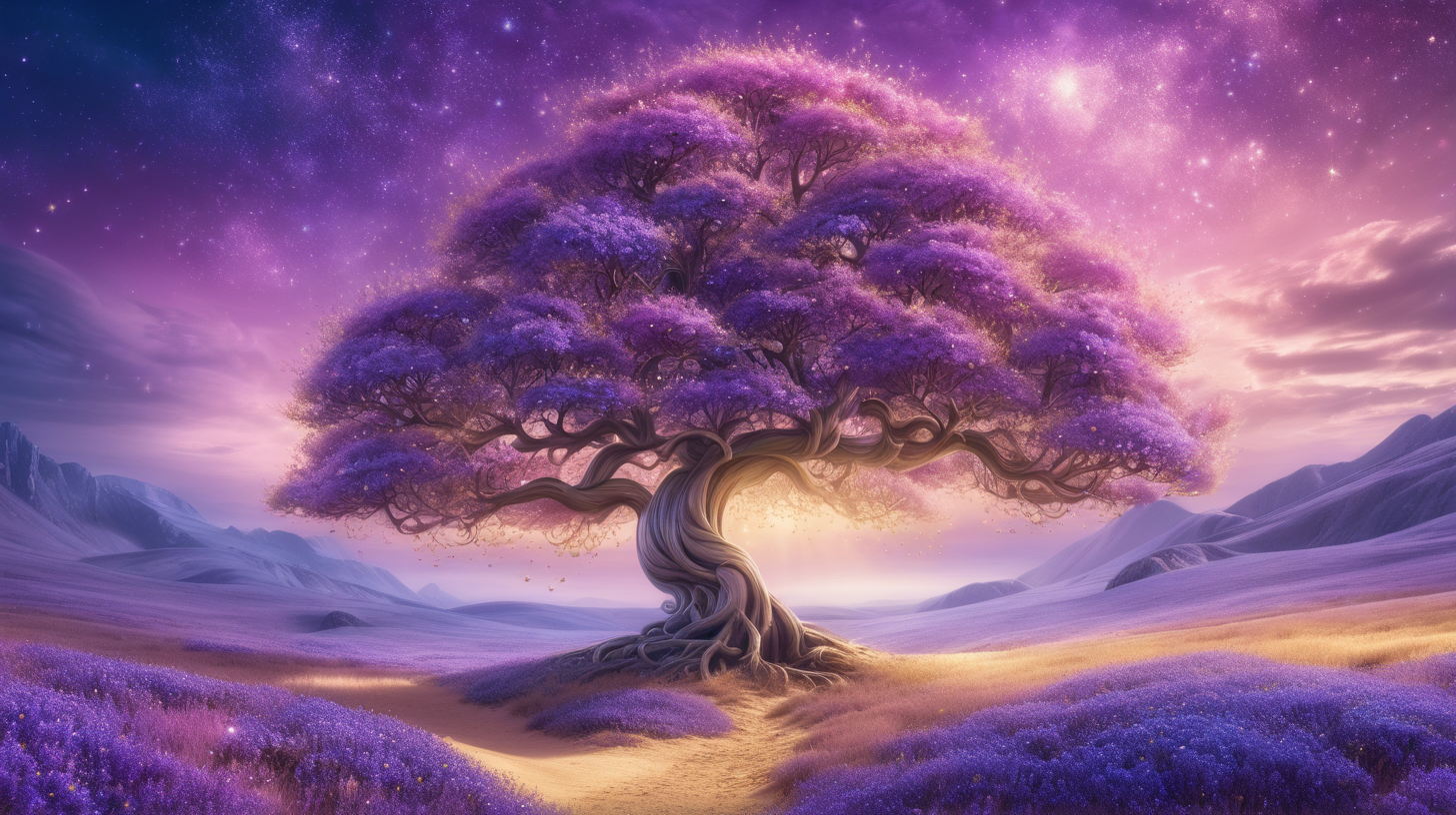 Enchanted Floral Tree in Dreamy Fantasy Land with Golden Light