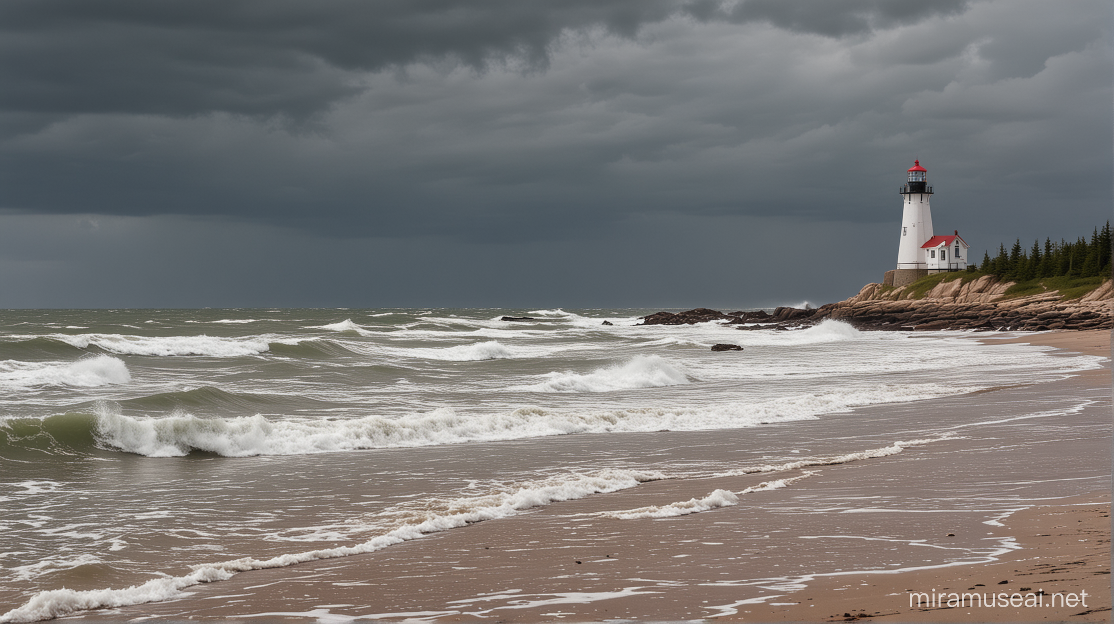 nova scotia sandy beach with lighthouse and stormy sky