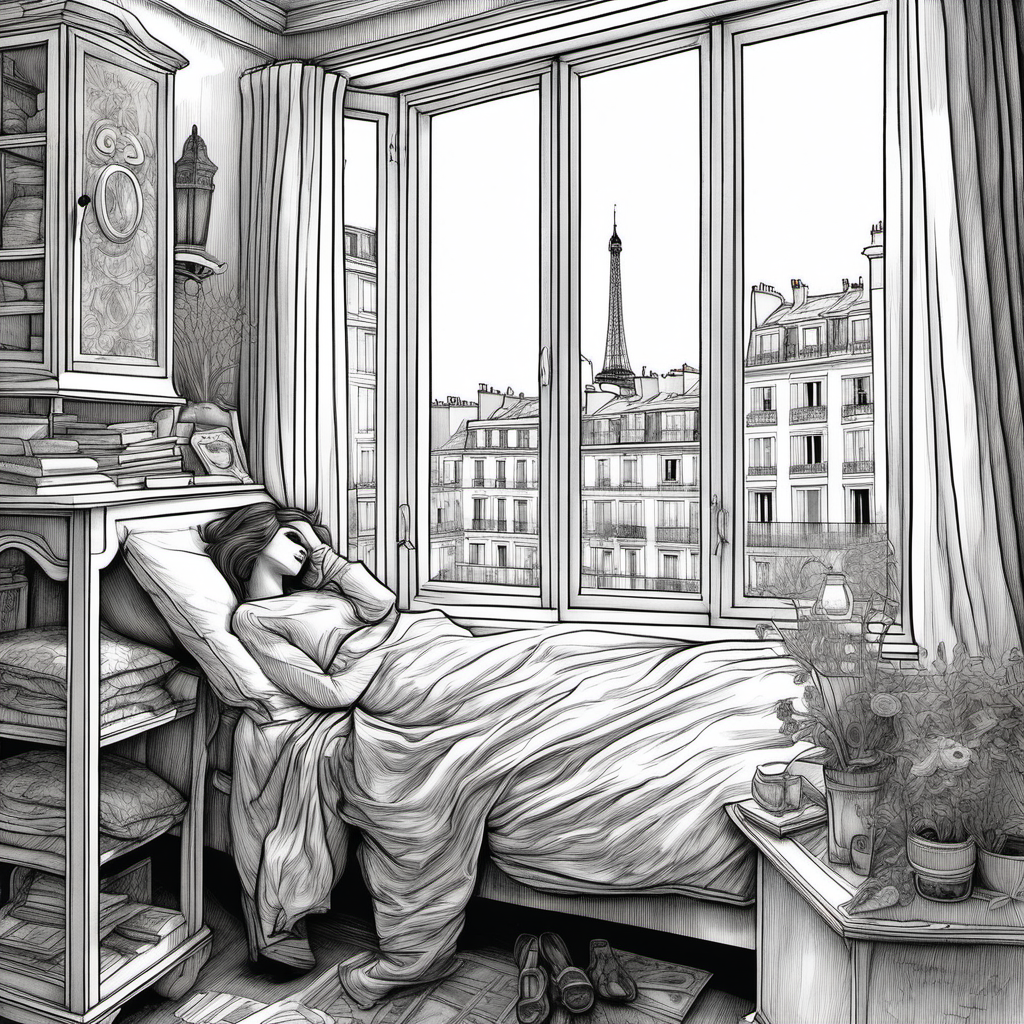 Beautiful French Lady Asleep in White Bedroom with Guerilla Looking Through Window