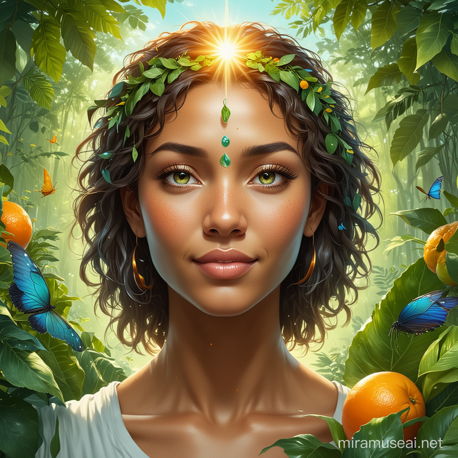 Create an avatar that embodies the spirit of transformation and health rejuvenation, suitable for a YouTube channel dedicated to general health, weight loss, and diabetes reversal. Visualize a figure that is vibrant and energetic, radiating positivity. This figure should be framed by symbols of health and vitality, such as lush green leaves, fresh fruits, and a background that suggests a sunrise, symbolizing a new beginning. The style should be semi-realistic, with a touch of digital painting to give it a dynamic and modern edge. The colors should be bright and uplifting, featuring shades of green, orange, and blue to reflect nature, energy, and tranquility. This avatar should not only represent the journey towards better health but also inspire viewers with its optimism and the promise of transformation.