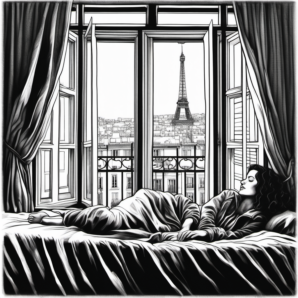 black and white drawing of beautiful french lady asleep in her  bedroom apartment all in black and white with a guerilla looking through window, all in whiteand black with ALL WHITE BACKGROUND  