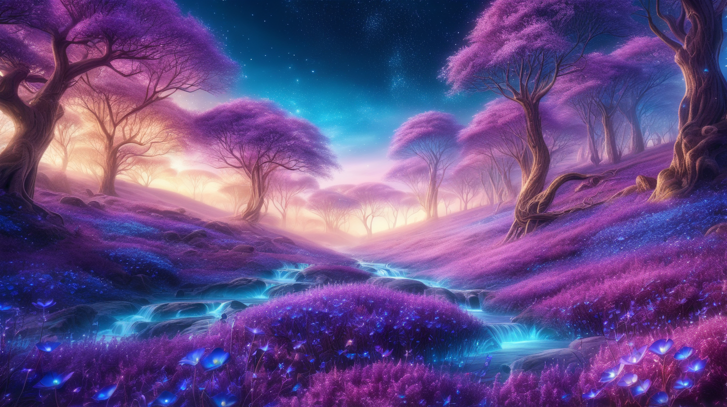 Big purple and blue floral forest, in a dreamy land, surrounded by golden dust and small dark pink flowers. Background sky with golden light. 8k, fantasy, fantasy art, glowing blue river