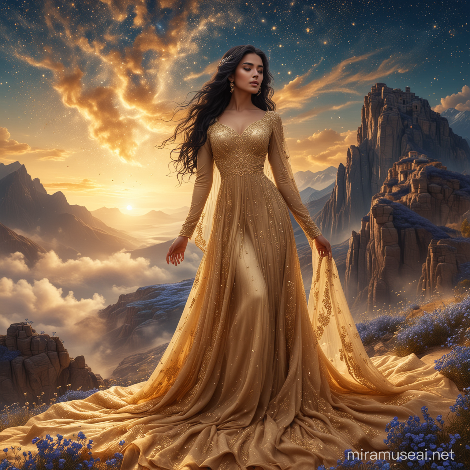 A beautiful woman, standing up on a mountain of golden dust, in a dreamy land, surrounded by golden dust and small dark blue flowers. Long wavy black hair. Elegant long beige dress,embroidering bridal veil, haute couture, sari tissu. Background nebula sky with golden light. 8k, fantasy, illustration, digital art, illustration art, fantasy art, fantasy styl