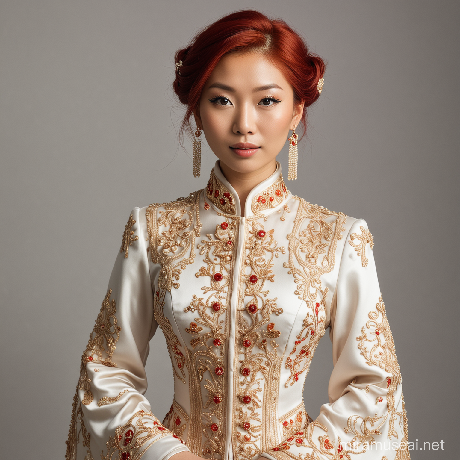 Elegant Asian Woman with Vibrant Red Hair in Exquisite Attire