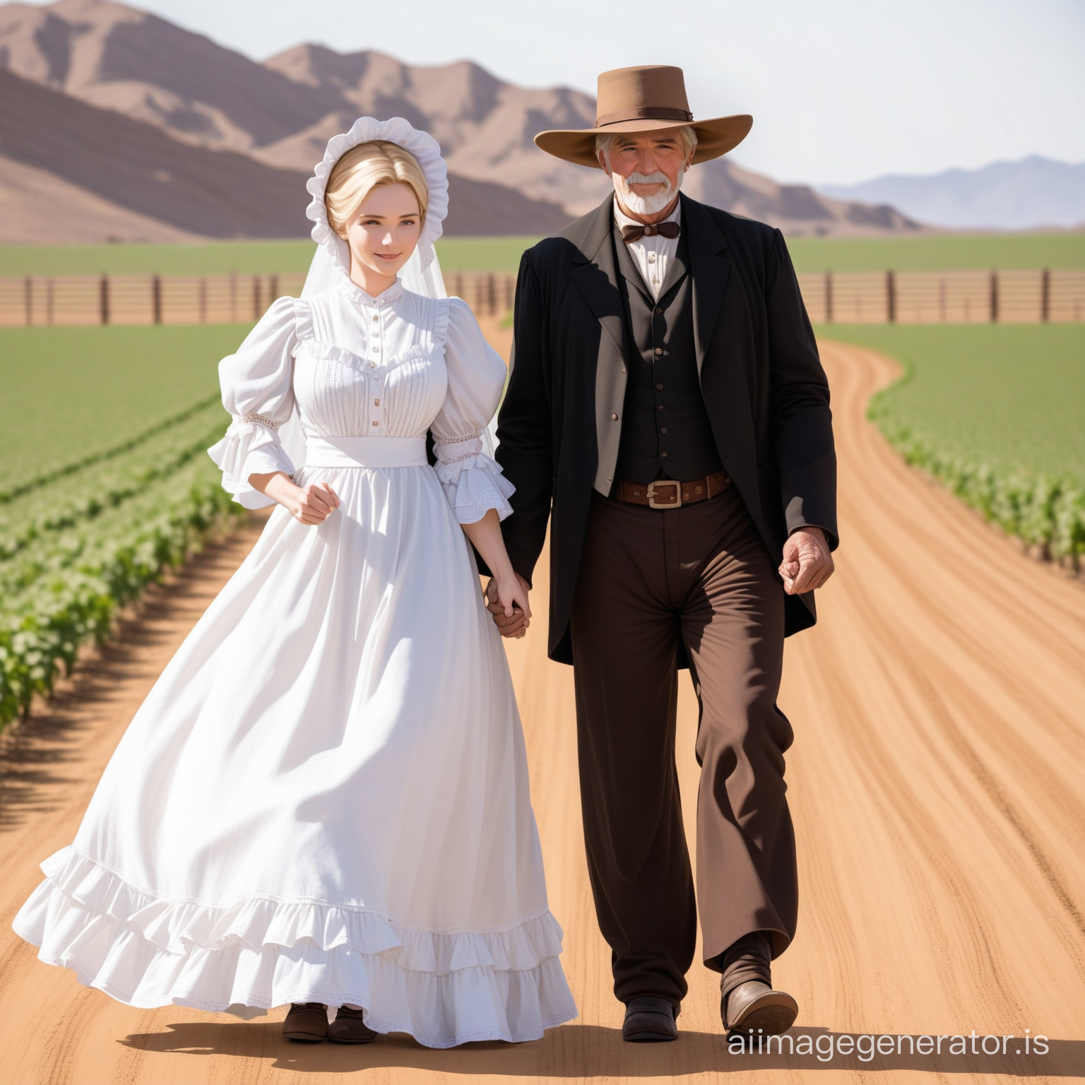 Susan Storm from the FF4 dressed as an old west farmer's wife wearing a brown floor-length loose billowing old west poofy modest dress with a long apron and a frilly bonnet hand in hand with an old farmer dressed into a black suit who seems to be her newlywed husband