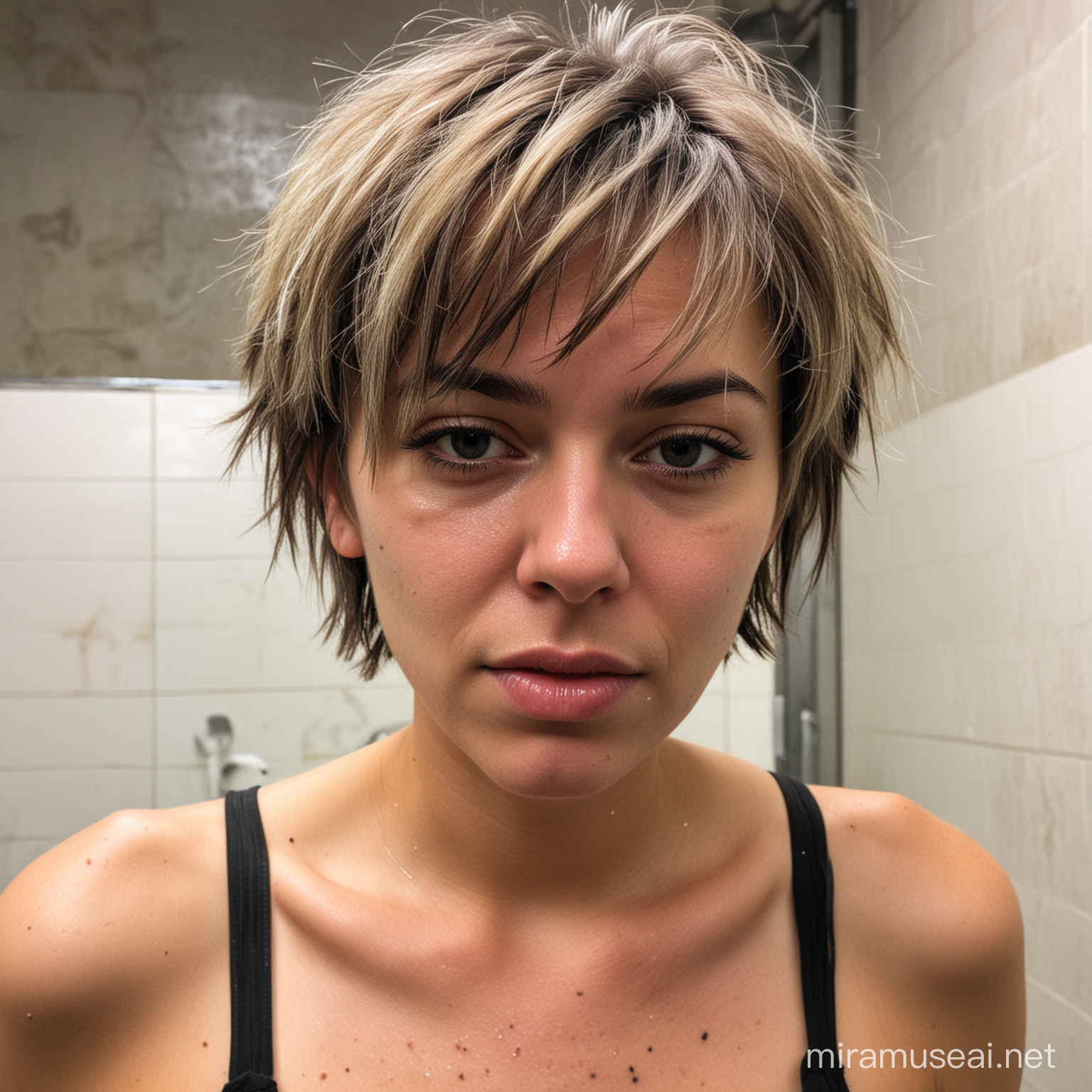 Disheveled Woman in a Grimy Public Restroom