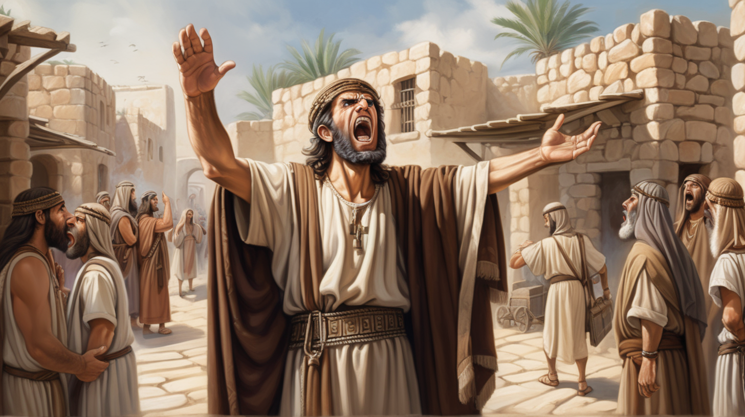 epoque biblique, un hébreu en colère est en train de dire une insulte en levant les yeux et les mains vers le ciel, il est seul sur la place du marché dans un petit village hébreu antique, heure de midi