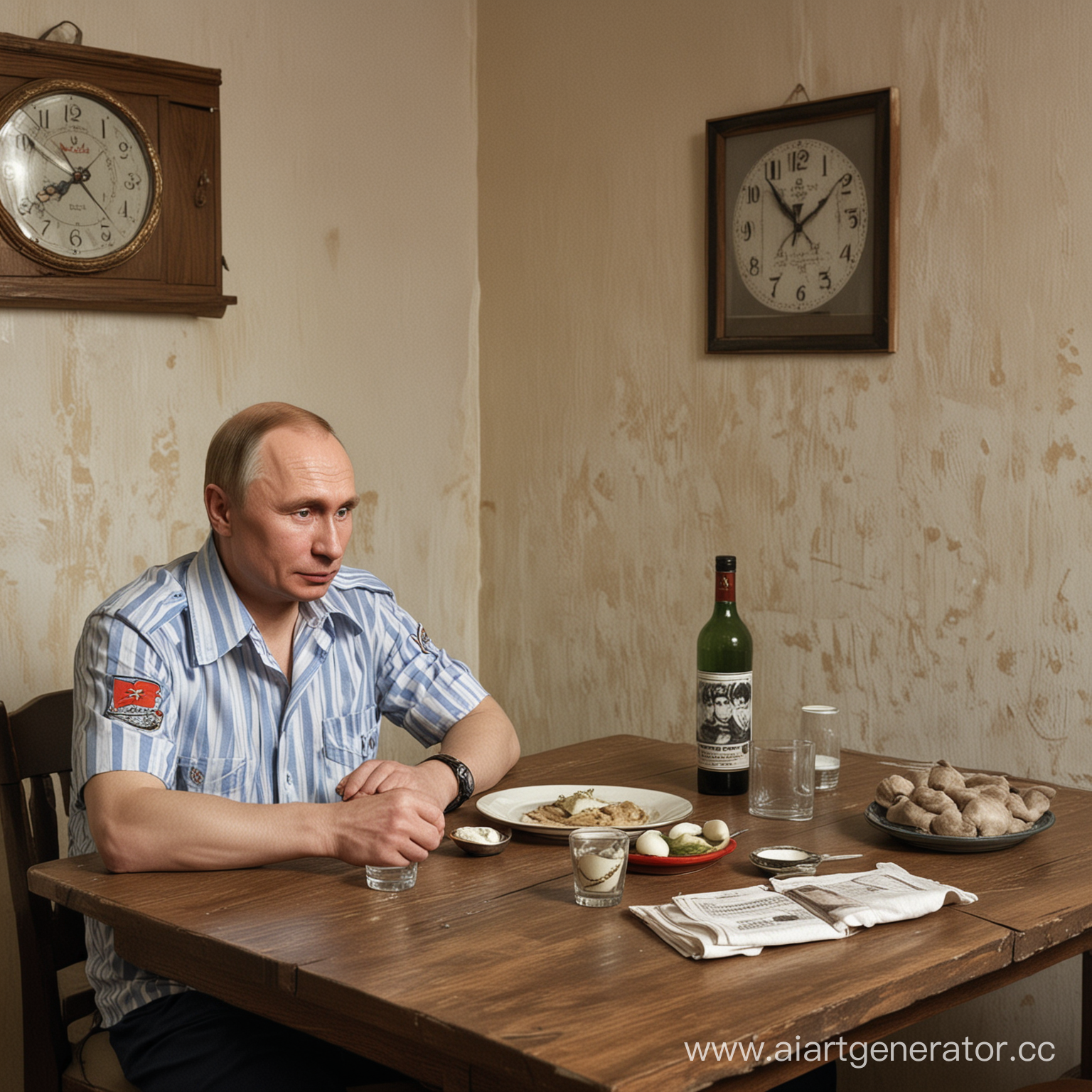 Noir, Drunk Putin in a striped blue and white undershirt and with criminal Russian tattoos on his body and arms is sitting at a table in a Soviet kitchen, to his right is sitting Stalin, dressed the same way as Putin, and to his left is sitting Yeltsin, who is dressed the same way as Putin, on the wall hangs an old Soviet clock, a picture of soviet soldier, and also behind Putin is a purse with fougere dishes. On the table has a bottle of vodka, a shot glass with vodka in it and a plate of pelmeni, depressive atmosphere, soviet photocamera, colored 