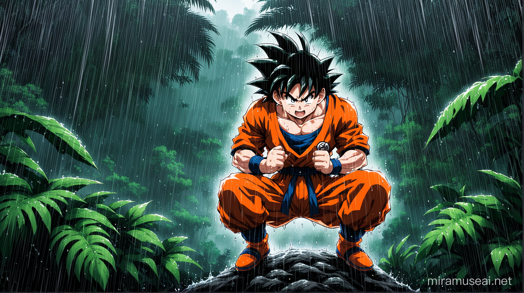 Goku in Rainy Jungle Battling the Elements