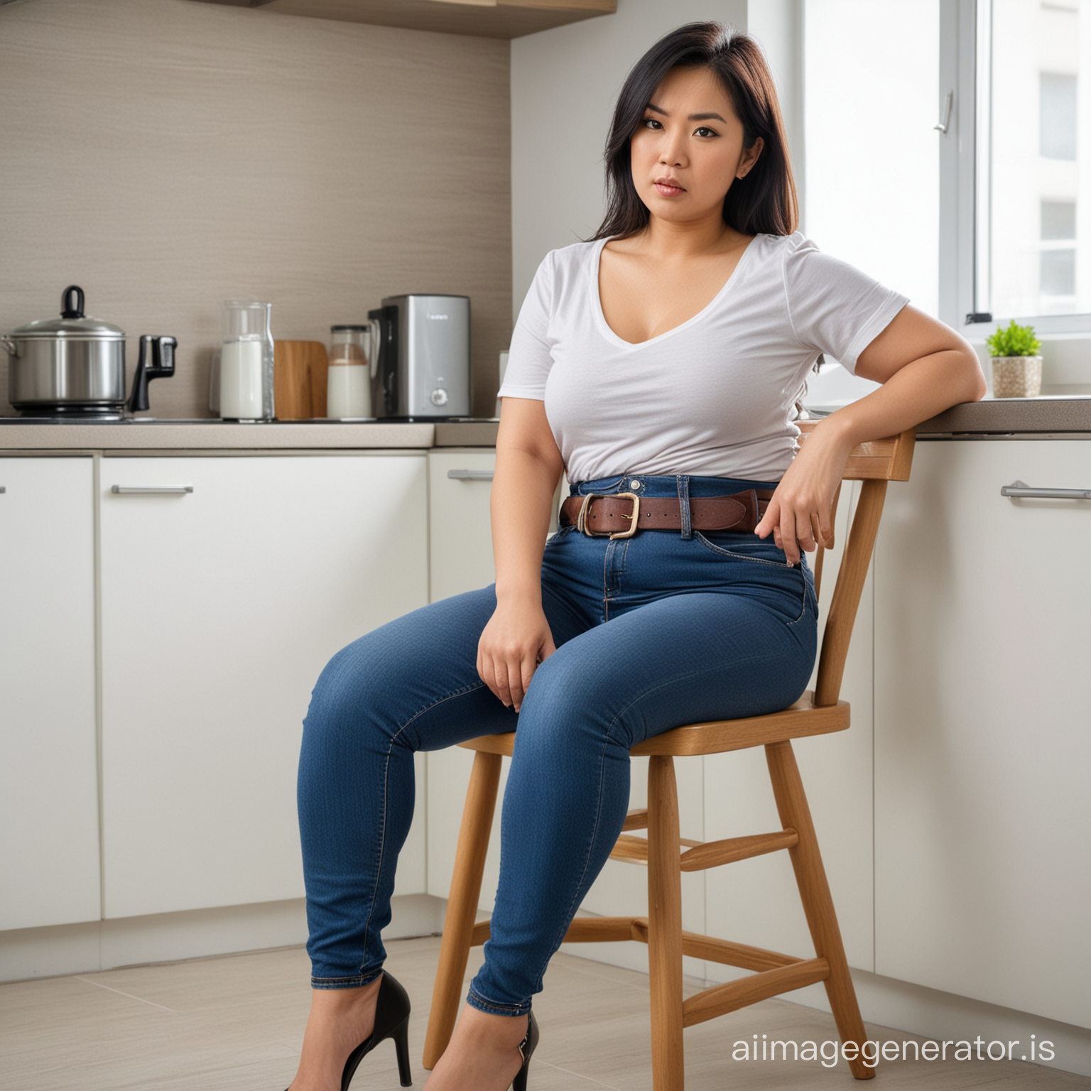 real photo of an angry,curvy asian mother,sitting on a chair,stern face,skinny jeans with belt,kitchen