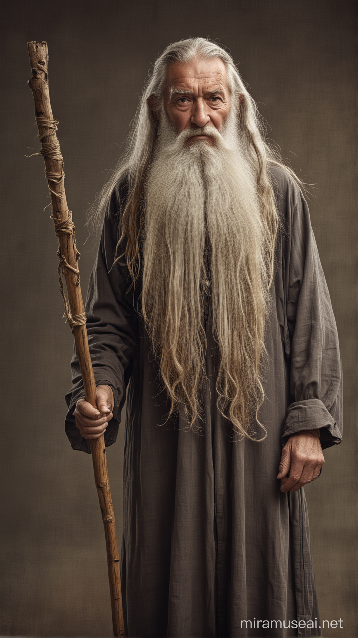 an old man with long beard and long hair and holding a stick