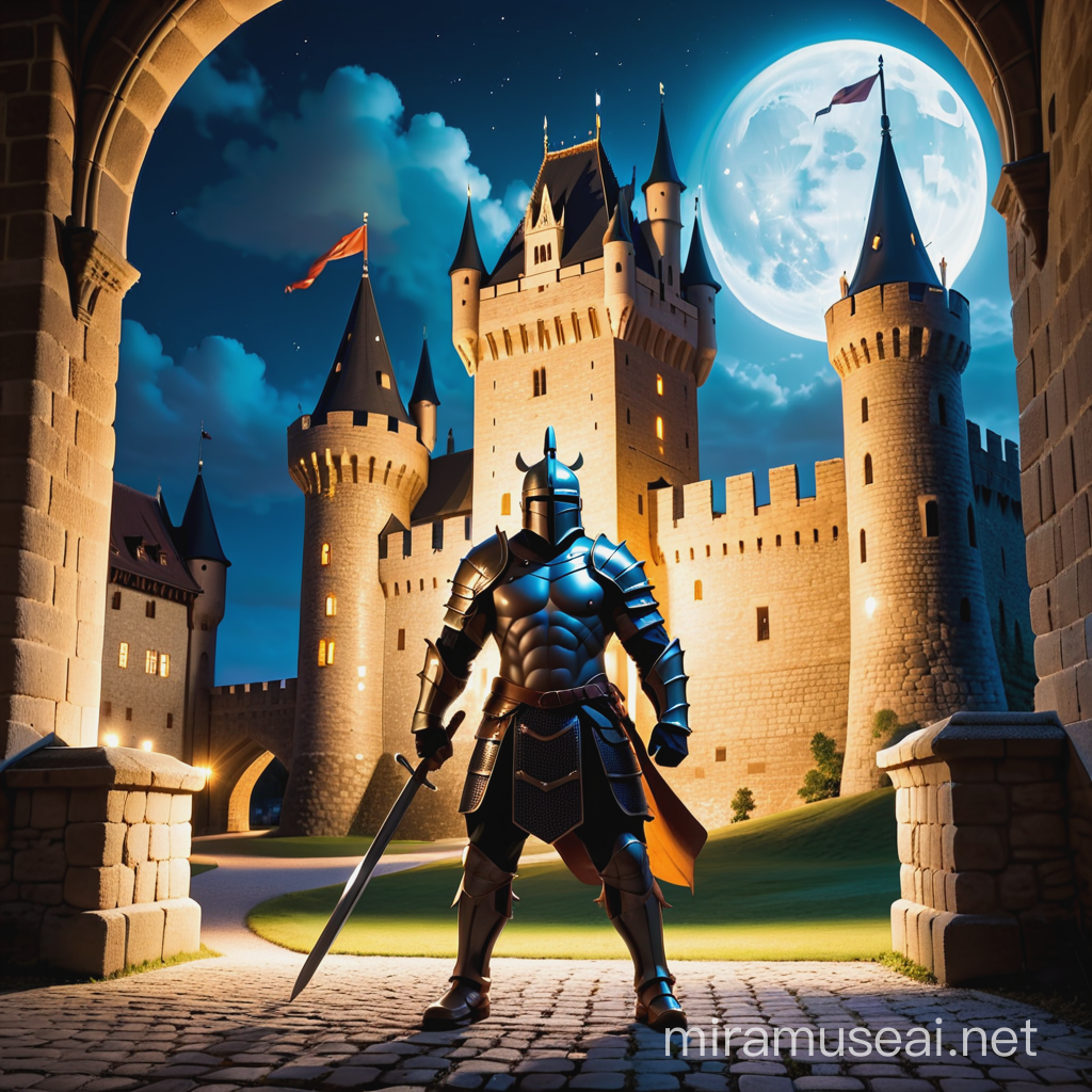 Vigilant Warrior Protecting Illuminated Castle