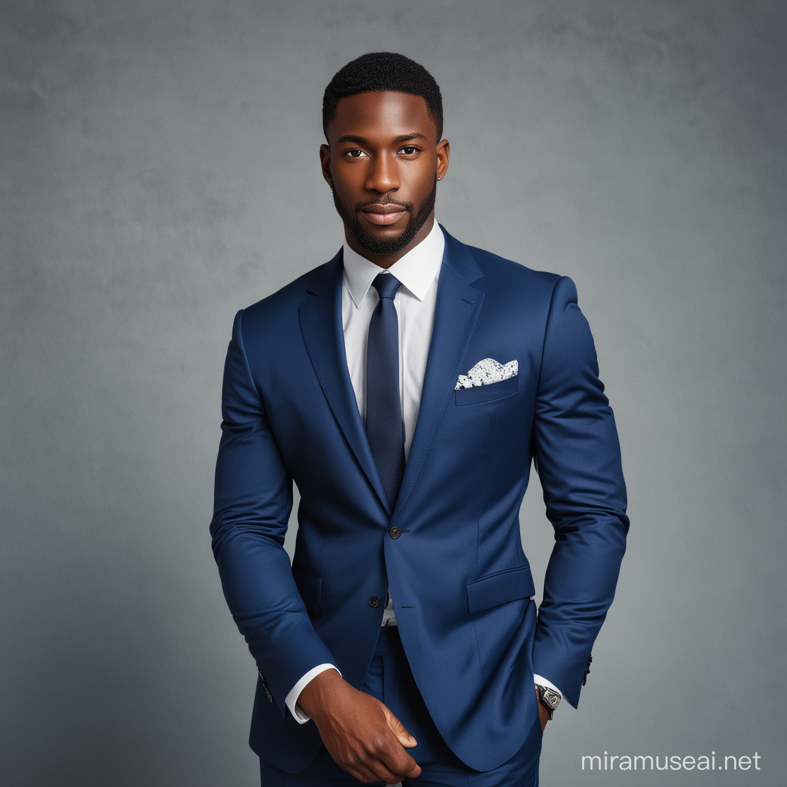 Elegant Black Man in Blue Suit Walking with Confidence