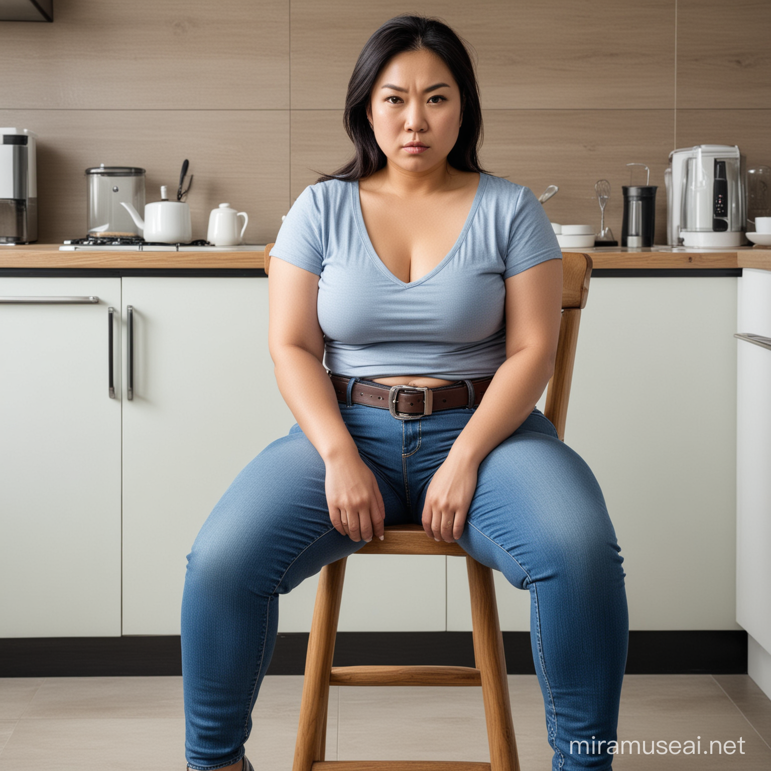 real photo of an angry,curvy asian mother,sitting on a chair,stern face,skinny jeans with belt,kitchen