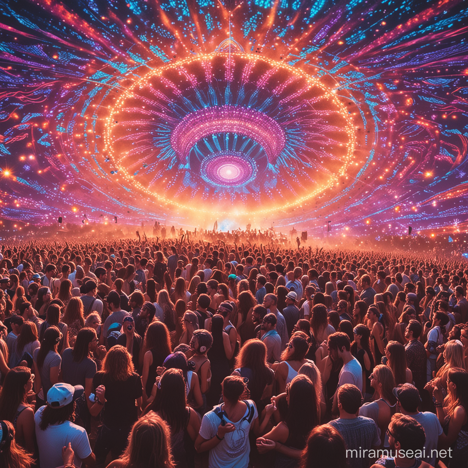 psychedelic music festival, people dancing, large sound system