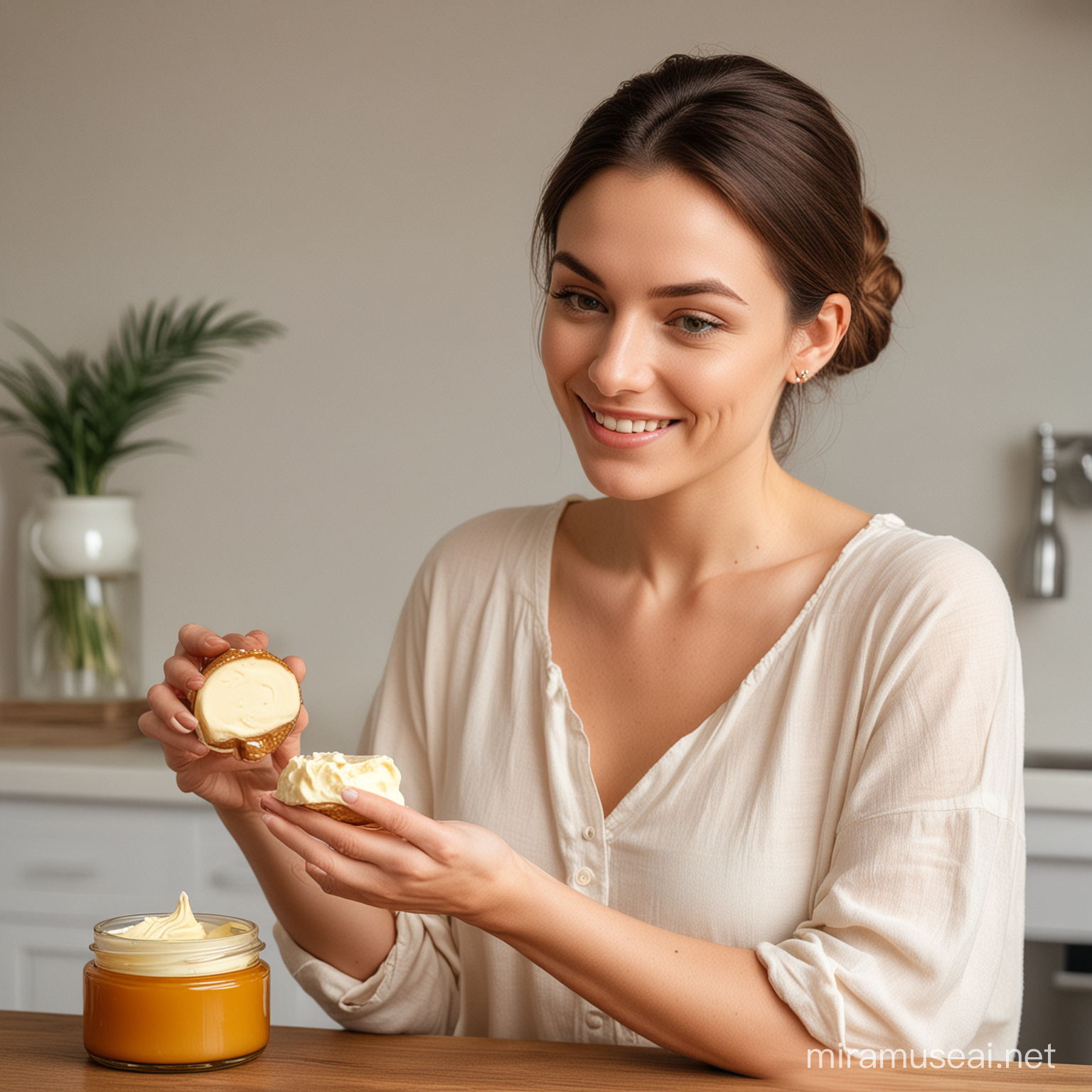 A beautiful woman presenting a body butter from an amber glass jar, showing how the butter looks like