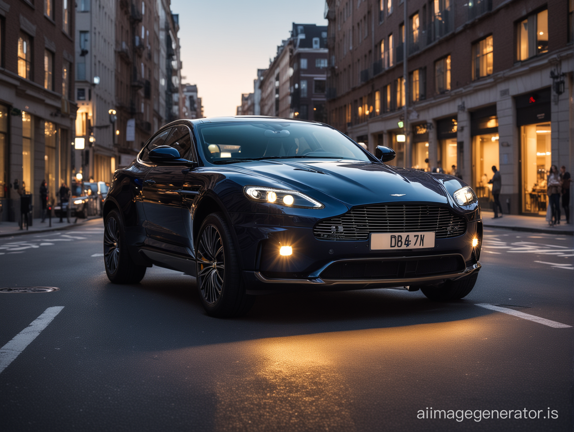 Photograph of an Aston Martin SUV inspired by the Aston Martin DB9. Big headlights, deep dark blue color In busy modern city, golden hour