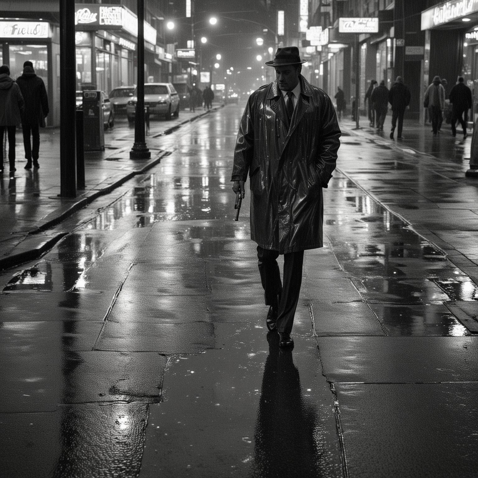 Monochrome Neon Signs, reflected on wet sidewalks and roads in a city's downtown. Man walks along sidewalk wearing a rain coat over a suit, smoking a cigar.