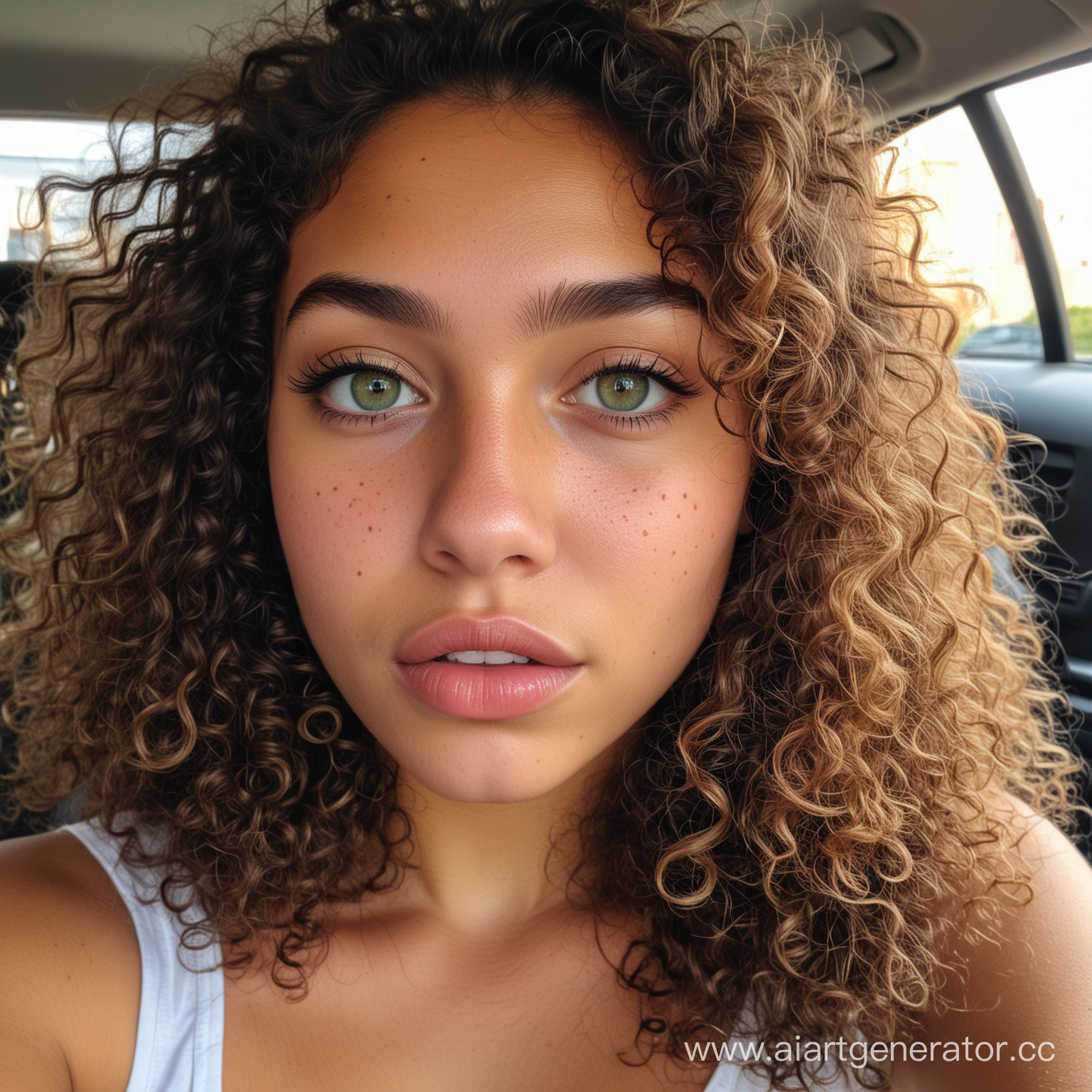 gritty candid raw upper-body photo of a young 18 year old beautiful, big lips, Curly haired Curvy Mixed Danish Venezuelan Brunette with green eyes, sitting in car getting out of it , selfie as getting out of car side boob shot taken with iphone xr