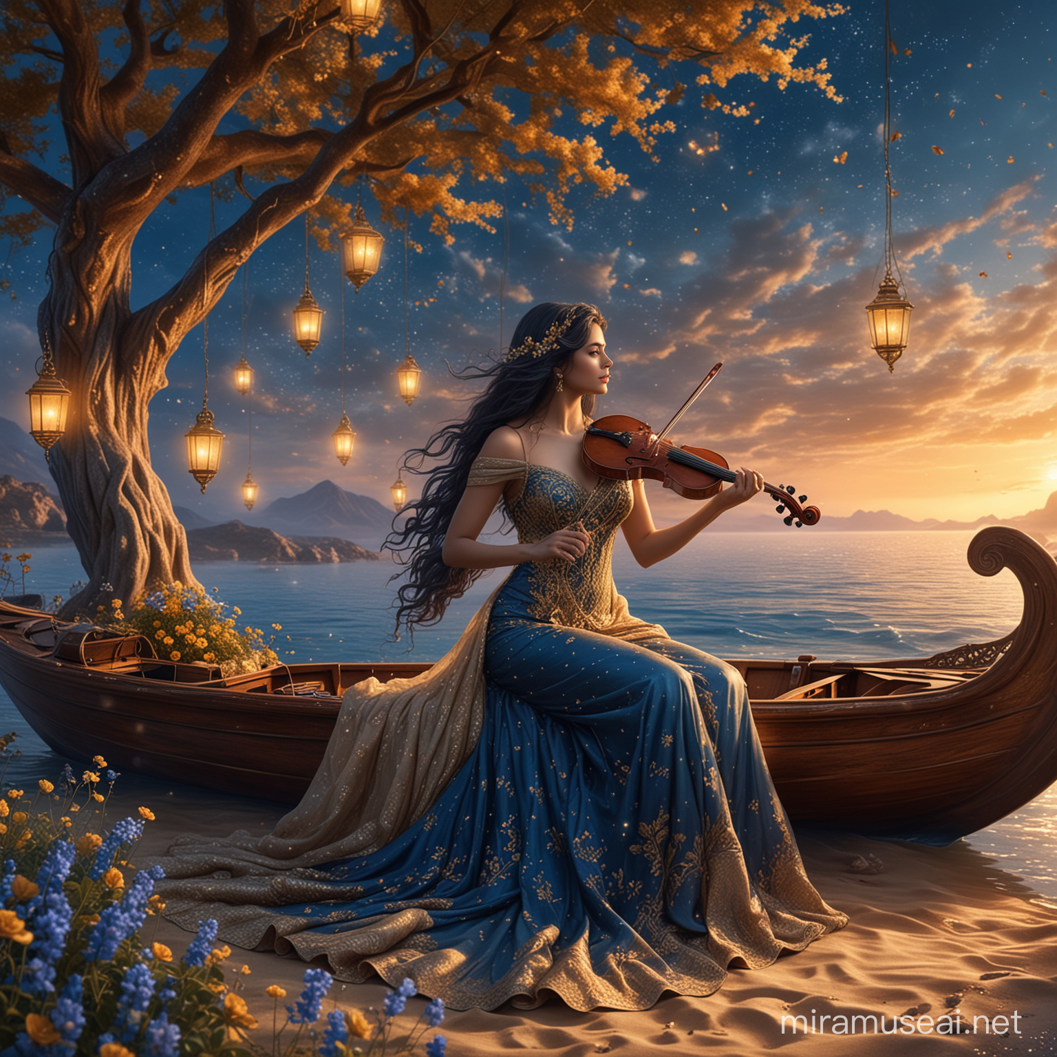 Elegant Mermaid Playing Violin on Golden Dust Boat under Floral Tree