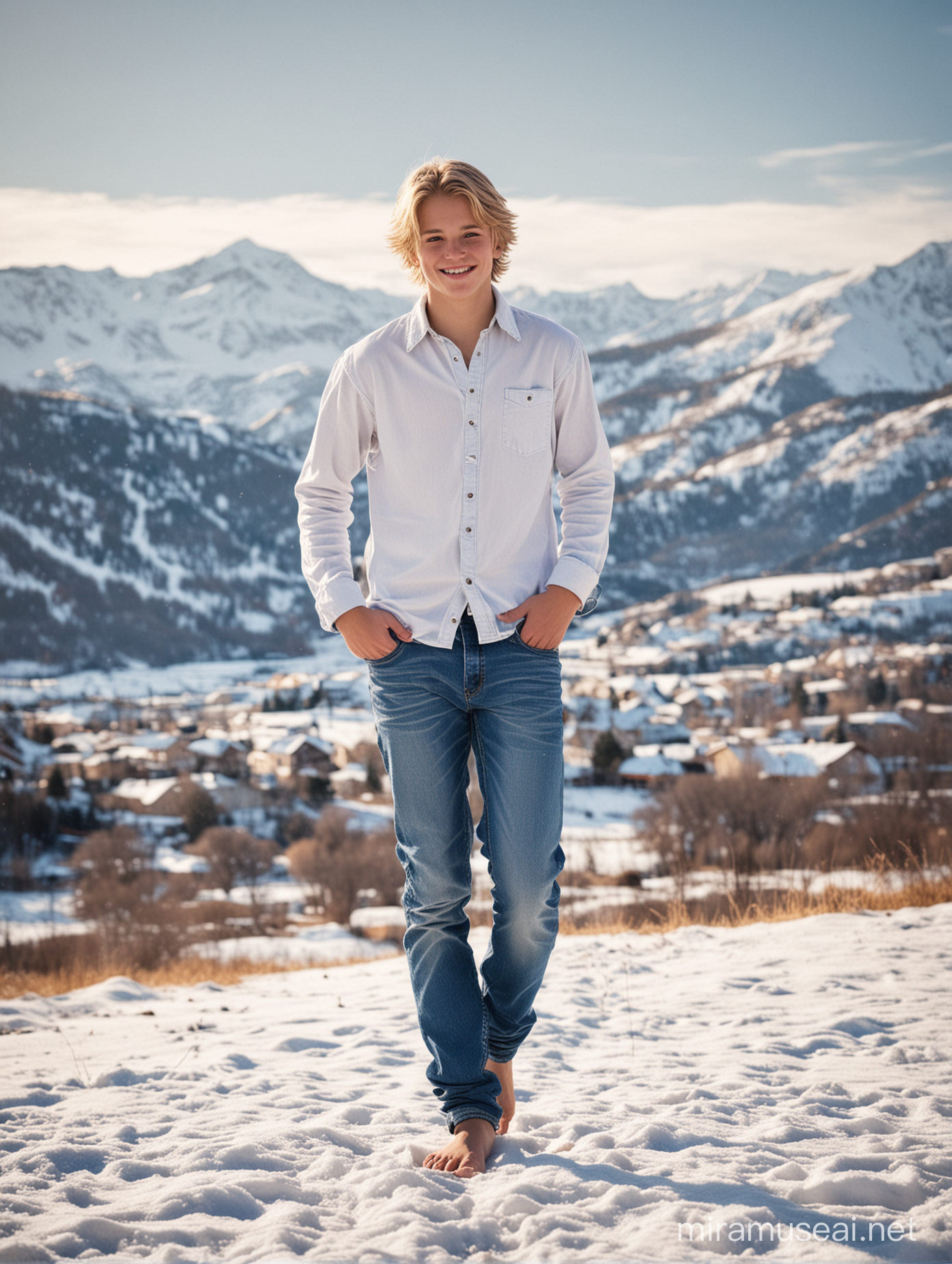 Босиком молодой Мальчик босиком 16 лет русые волосы улыбка босые ноги джинсы босиком рубашка зимой босиком снег задний план горы стиль реализм