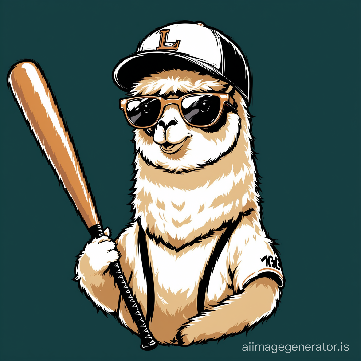 A llama wearing sunglasses and a baseball hat is depicted, holding a baseball bat and a baseball. The background is black. vector design 