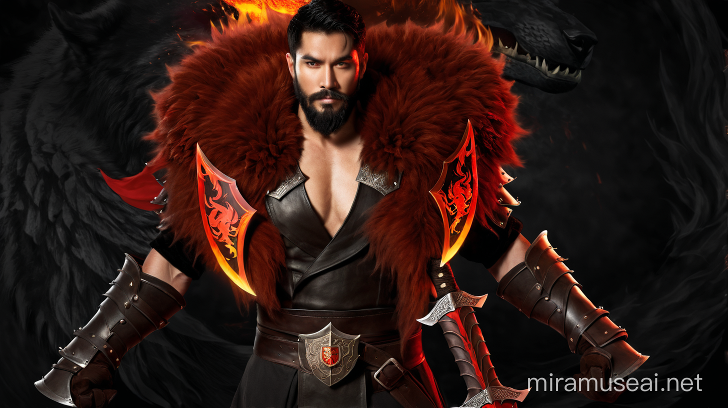 Fantasy warrior, black hair, white skin, black beard, black leather trenchcoat, armored plate gauntlets and greaves, bare chest, large brown wolf fur shoulders, curved red sword of fire, large round black shield with red dragon emblem